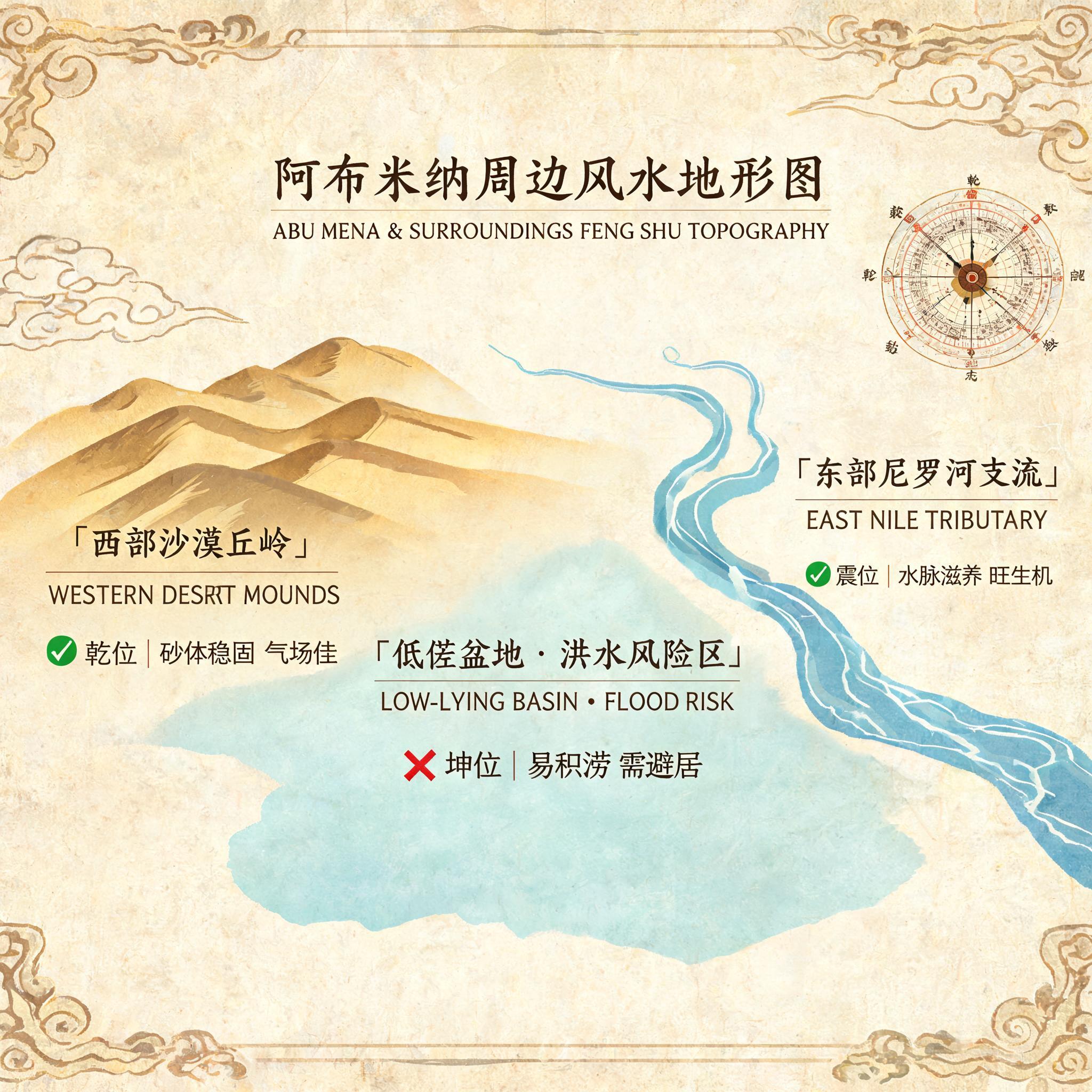 阿布米納與周邊地區的地形圖，標註了西方的沙漠丘、東方的尼羅河支流，以及導致淹水風險的低洼盆地