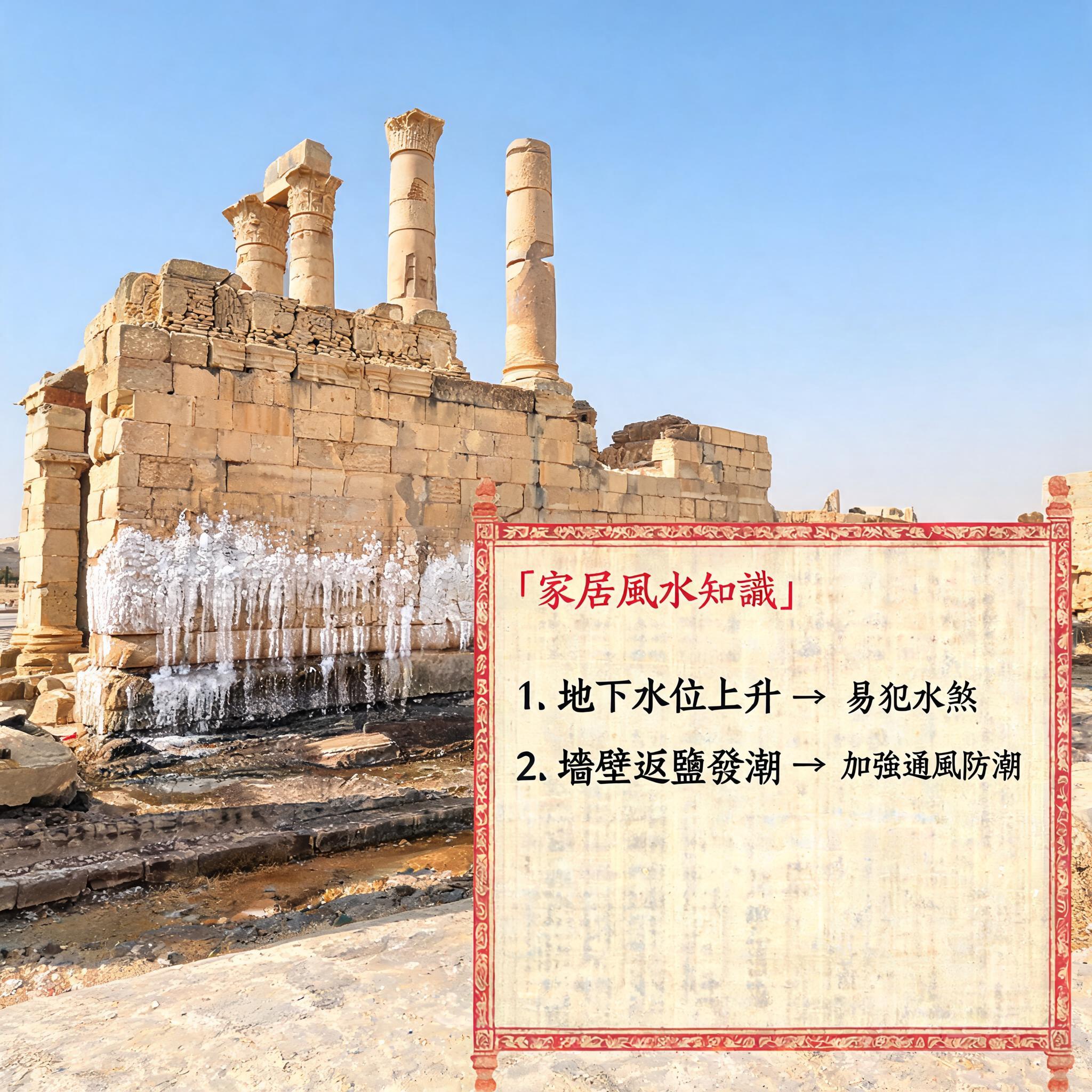 阿布米那現存石造建築照片，可見低處牆面因地下水位上升有明顯水損與鹽霜