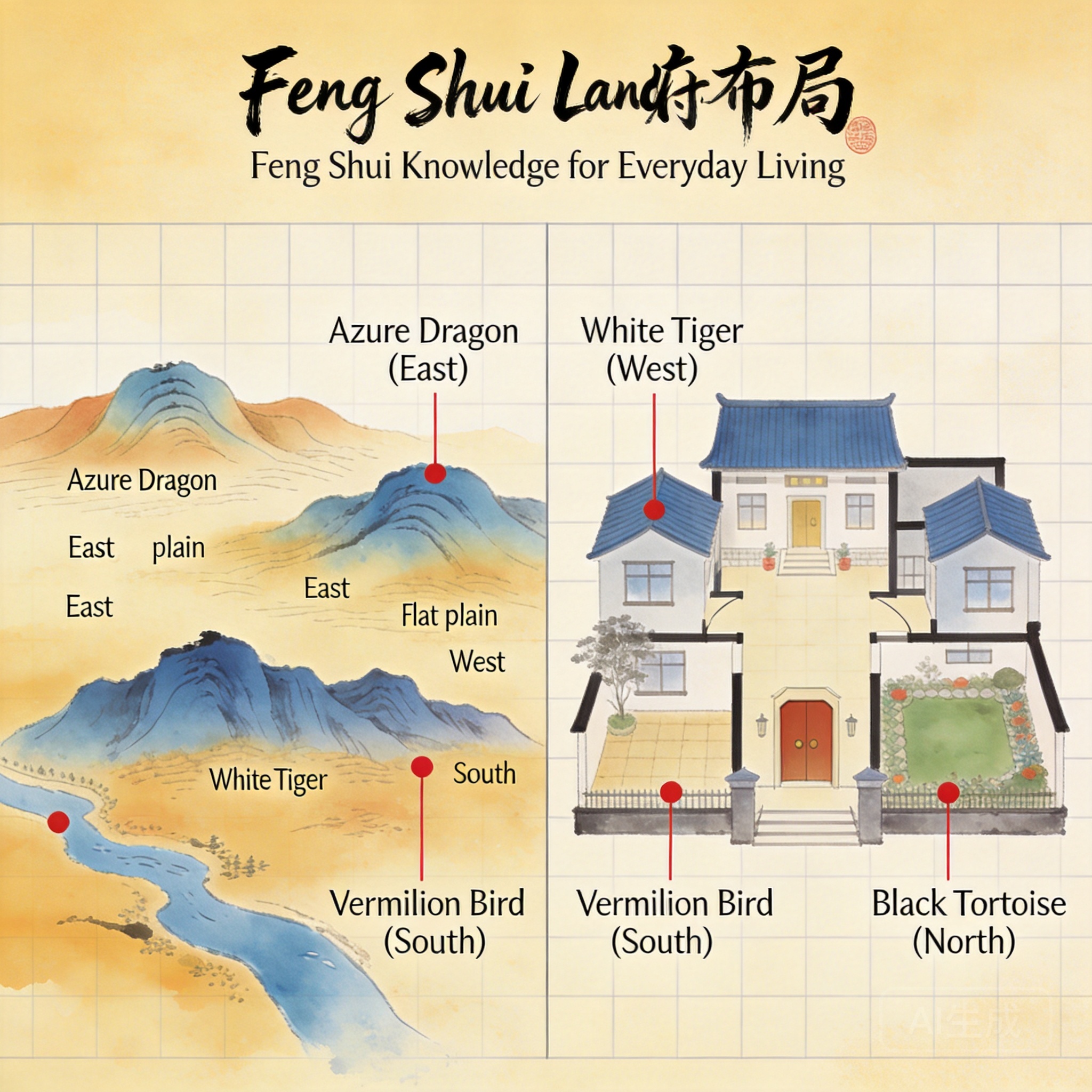 並排比較阿布米那地形格局與典型住宅格局的圖表，雙方皆標註了四神獸的對應位置
