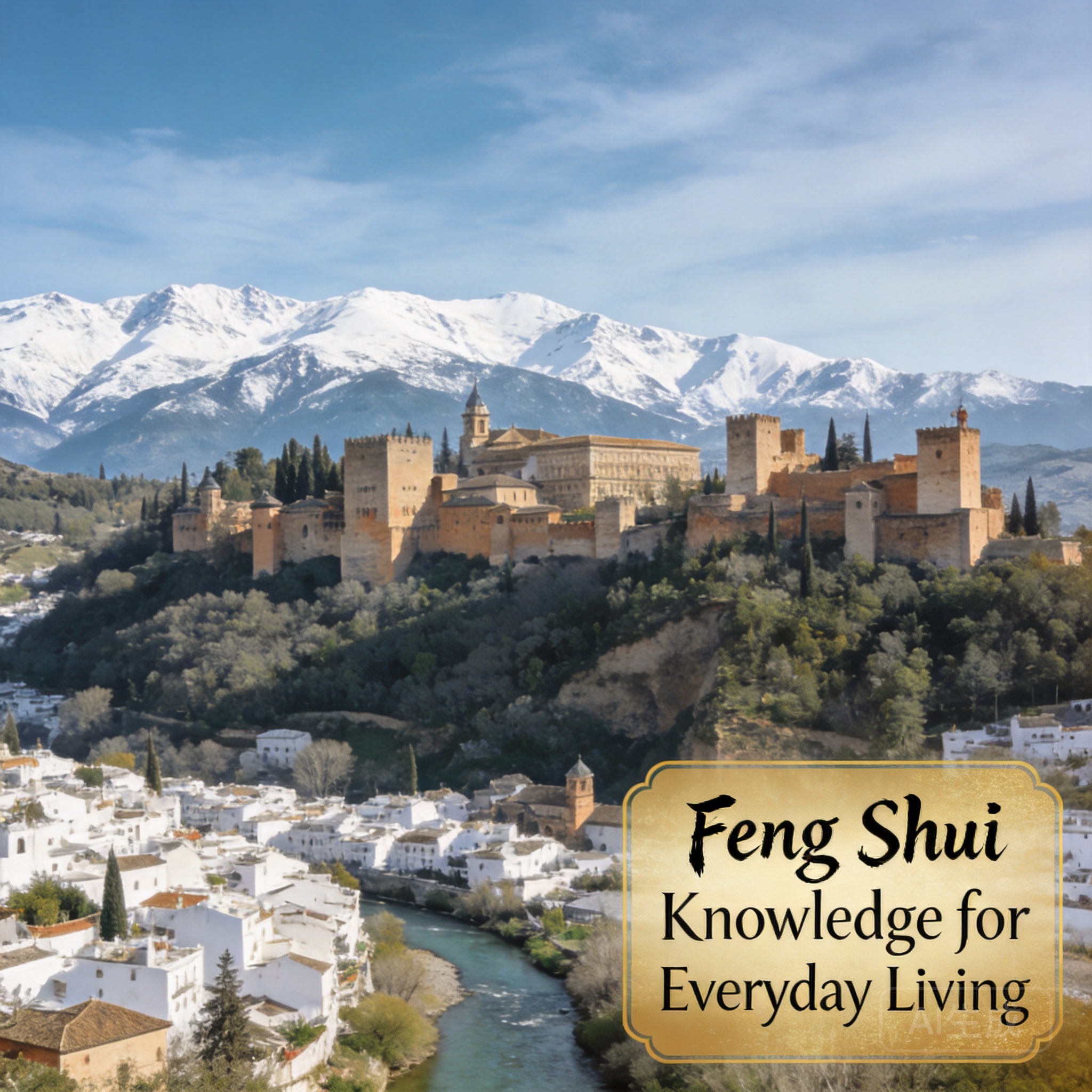 Panoramic shot of the Alhambra perched on the Sabika hill, with the snow-capped Sierra Nevada mountains in the background and the whitewashed Albayzín neighborhood visible across the Darro River valley
