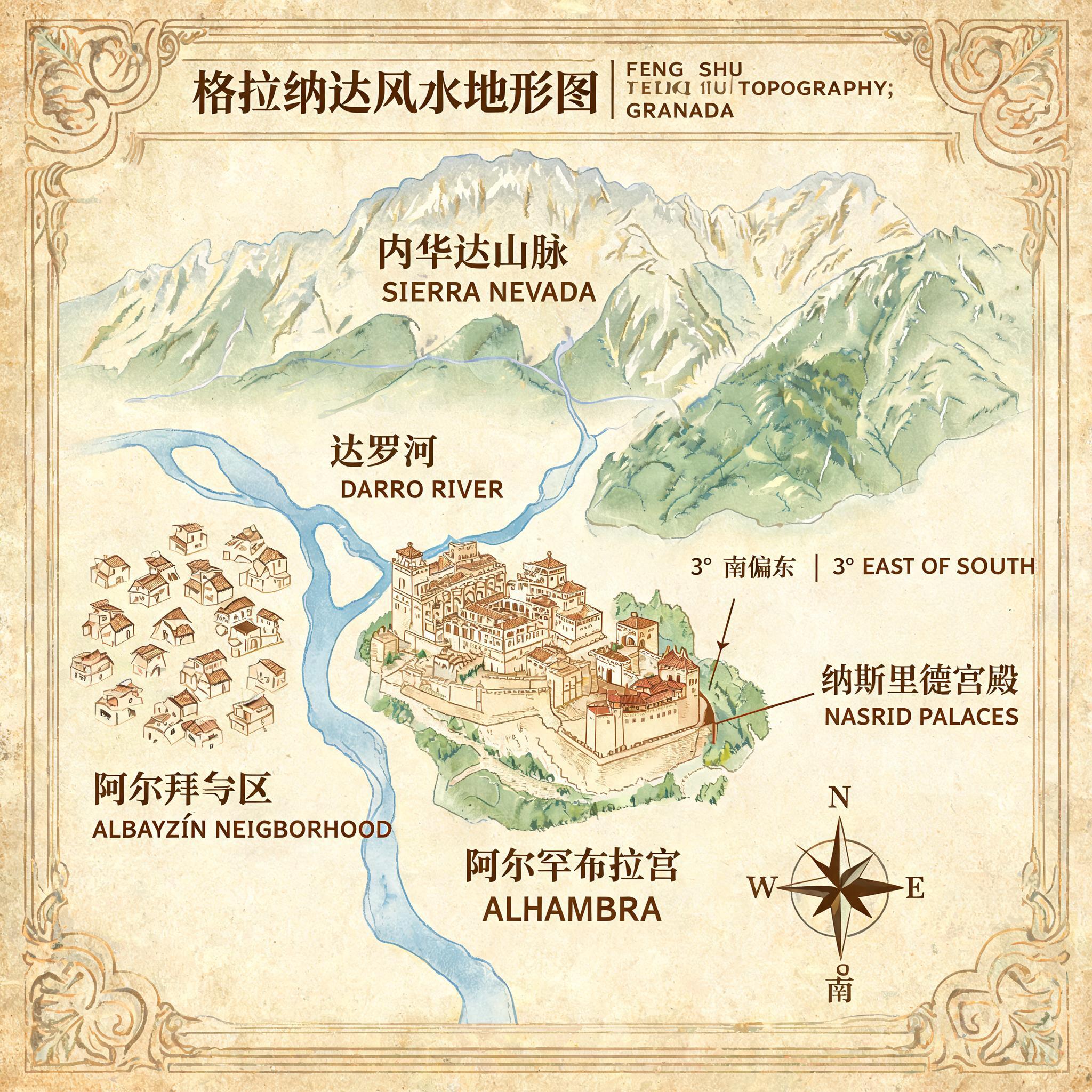 Topographical map of Granada showing the Alhambra’s position relative to the Sierra Nevada, Darro River, and Albayzín neighborhood, with directional markers for the Nasrid Palaces’ 3-degree east of south alignment