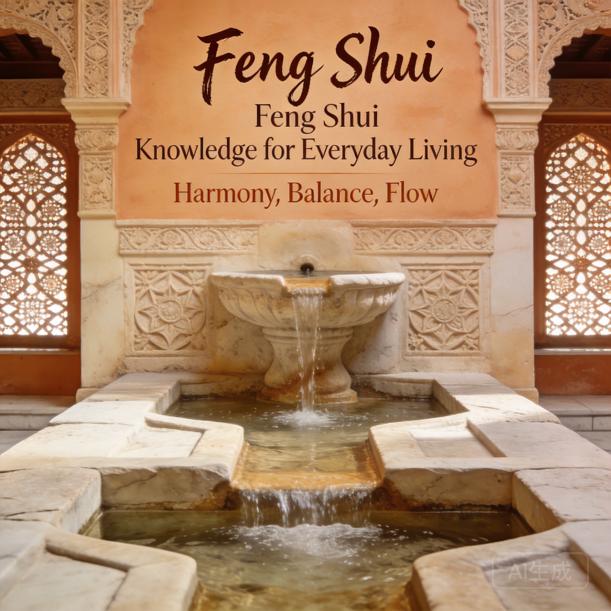 Close-up of a carved stone fountain in the Alhambra’s Court of the Lions, with water flowing gently through interconnected channels, flanked by patterned mashrabiya window screens