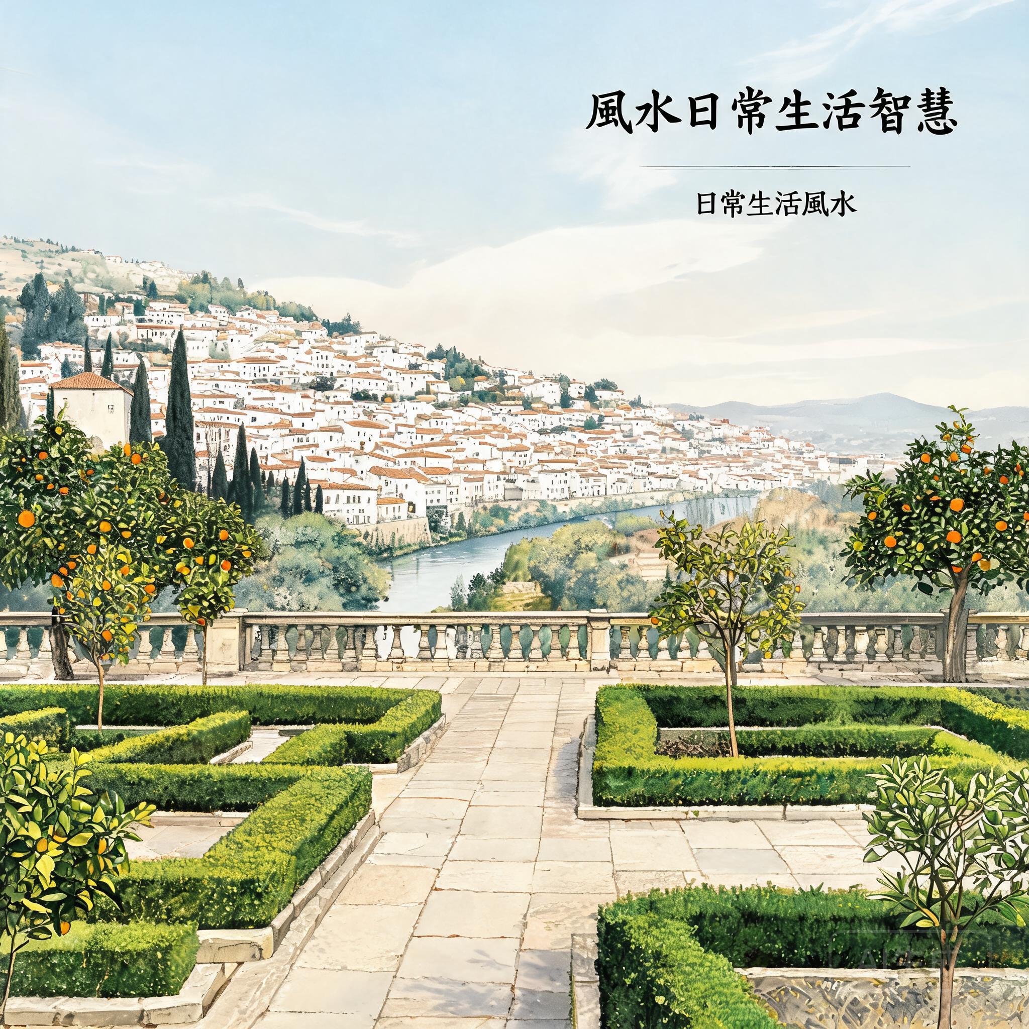 Shot of the Generalife Gardens’ upper terraces, with neatly trimmed hedges, citrus trees, and unobstructed views across the Darro River to the whitewashed Albayzín neighborhood below
