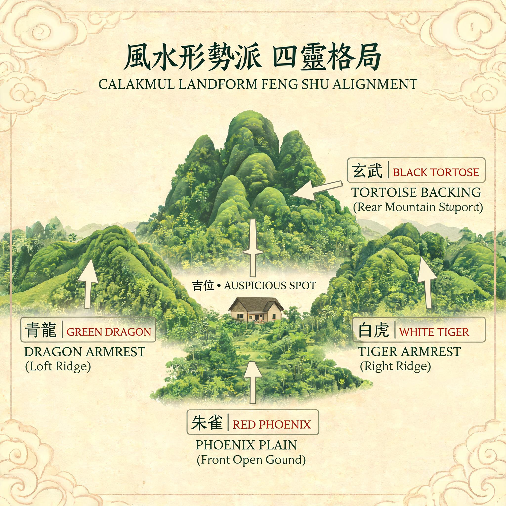 卡拉克穆爾地形與傳統形家風水四獸配置對照圖，標註有玄武靠山、青龍/白虎扶手與朱雀明堂