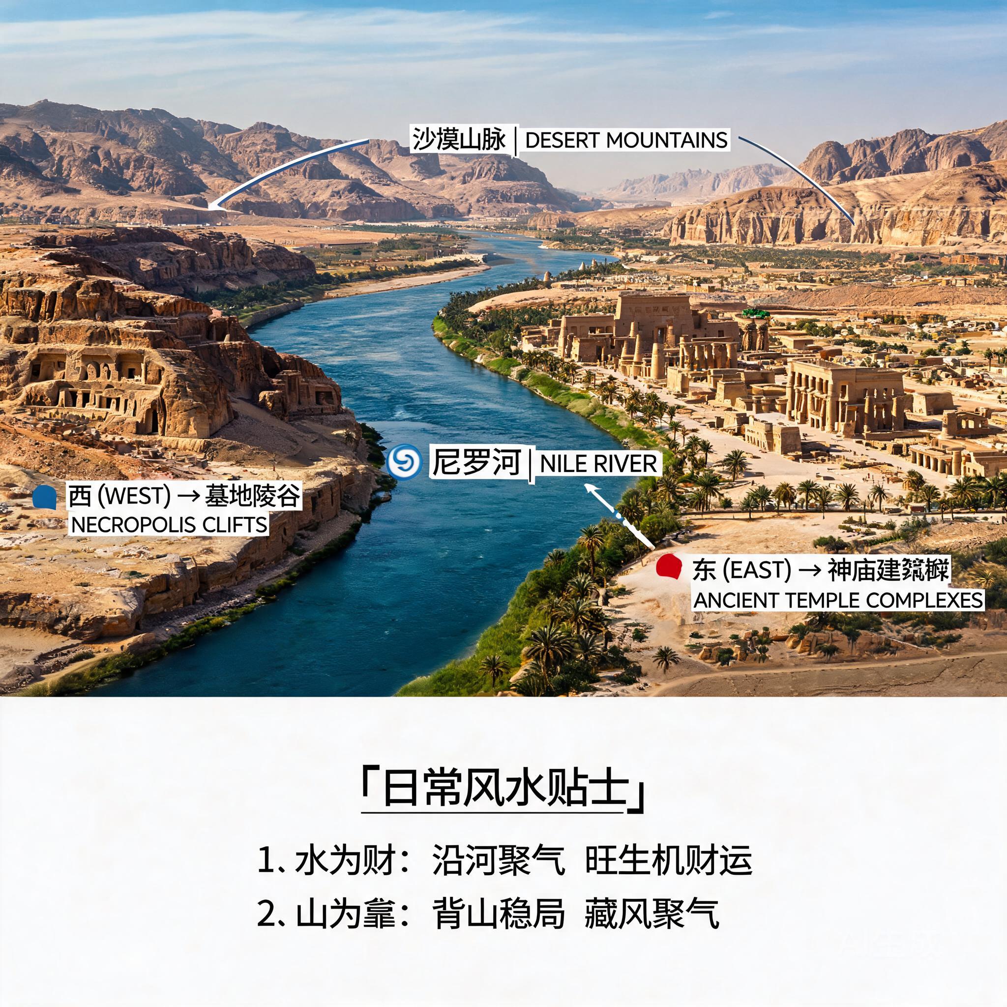 底比斯古城空拍全景圖，可見尼羅河將東岸神廟建築群與西岸墓地峭壁分隔，標有東/西方位與周圍沙漠山脈標註