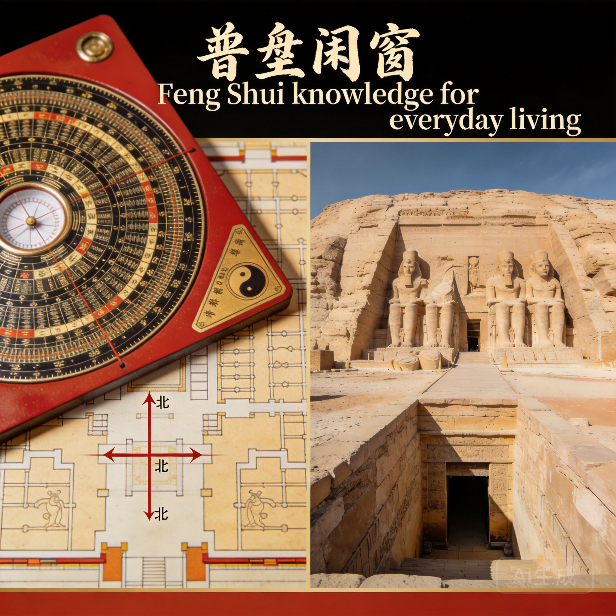羅盤疊加在卡納克神廟平面圖上顯示精確南北對位、旁邊為帝王谷封閉盆地入口照片的對比圖