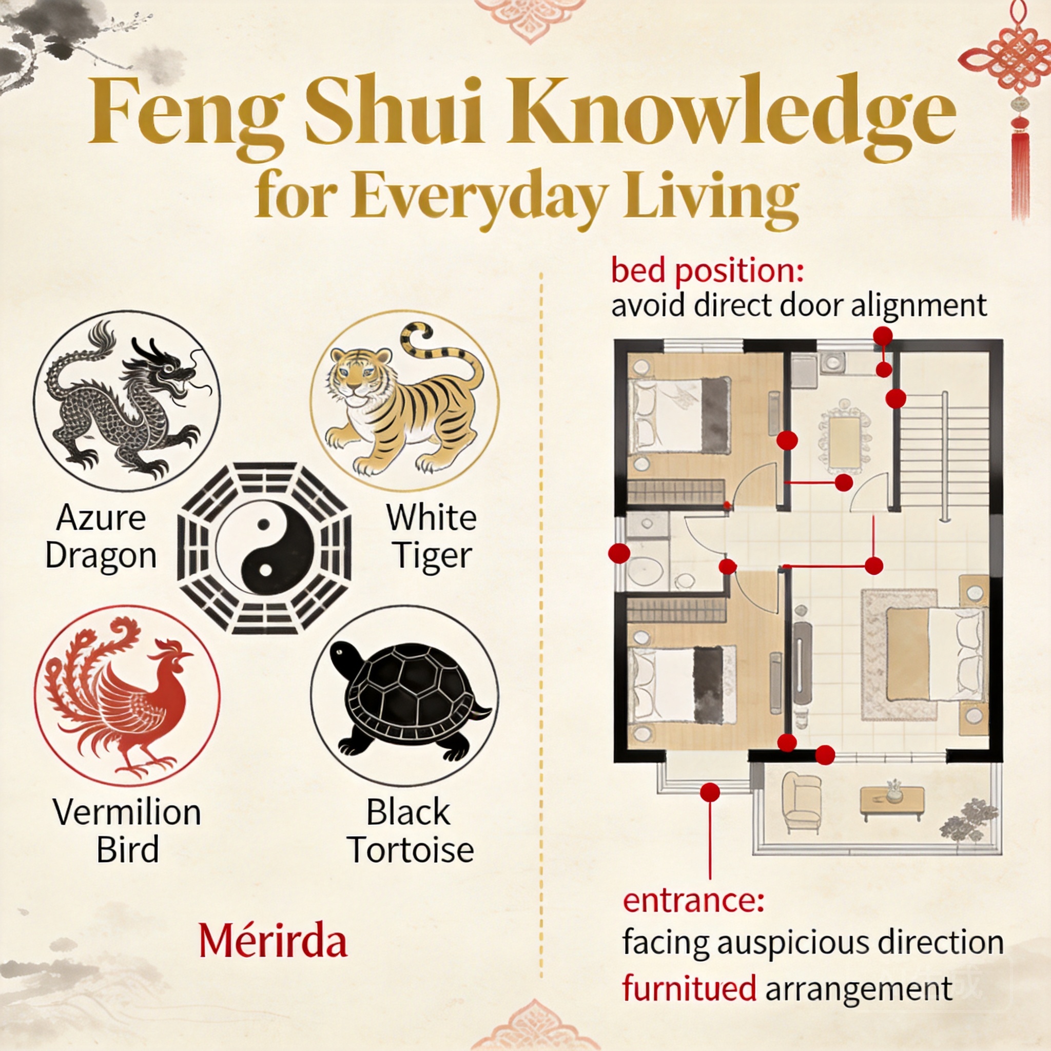 Side-by-side comparison of the Mérida site&rsquo;s four celestial animal alignment and a typical small apartment layout with equivalent feng shui adjustments marked