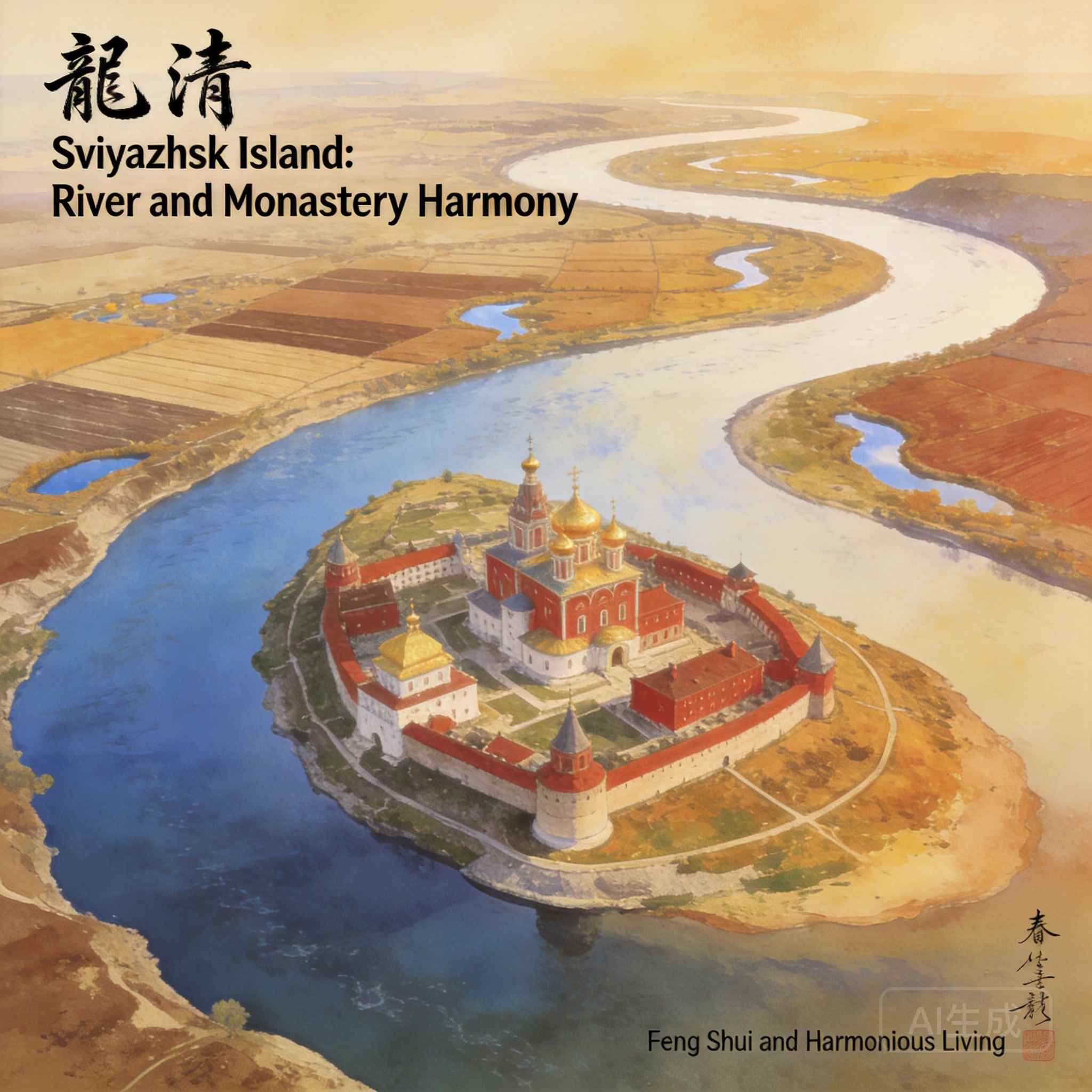 斯維亞日斯克島的空拍鳥瞰畫面,可見彎曲的伏爾加河環抱著修道院園區與周圍的低地