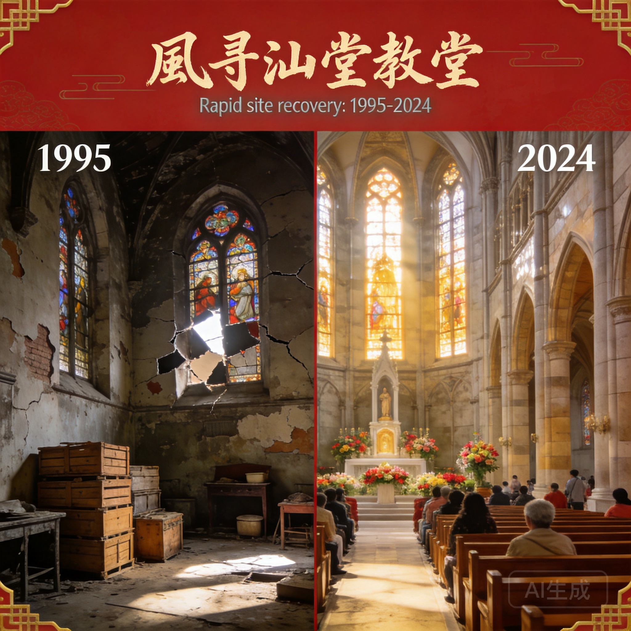 1995年(破敗、做為倉庫使用)與2024年(修復完成、充滿訪客)的大教堂對照圖,顯示場地的快速復甦