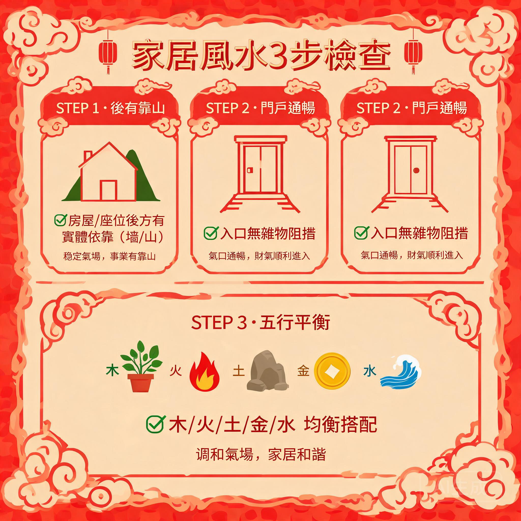 說明3步驟居家風水檢核的資訊圖,包含代表靠山結構、淨空正門入口與五行平衡的圖示