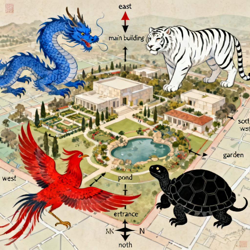 Overlay of four celestial animals alignment on a map of The Getty&rsquo;s campus, with labels for each landform and directional markers
