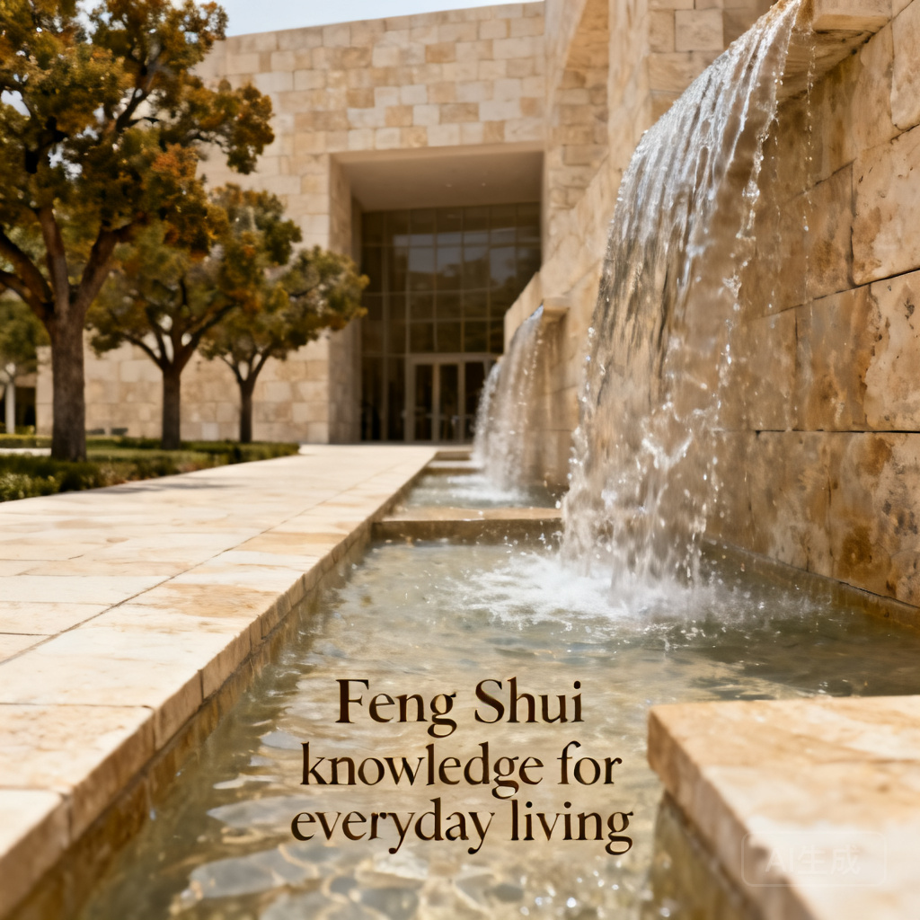 Close-up shot of The Getty&rsquo;s entry cascading fountains, with travertine walkways and oak plantings visible in the background