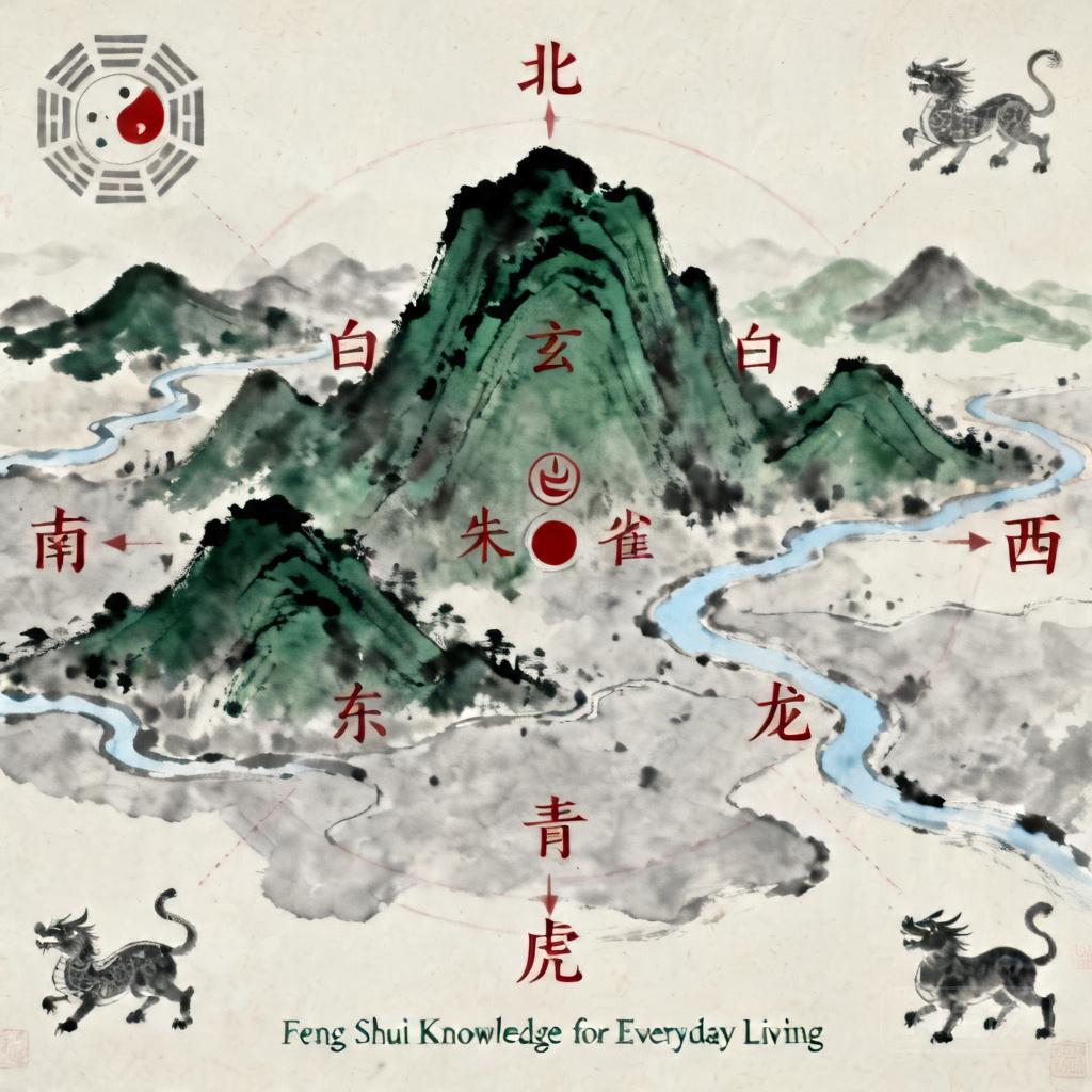 標註方位與周邊地景的白雲山地圖，替代文字：廣州白雲山風水地圖，標示包含四獸格局特徵在內的各方位地形