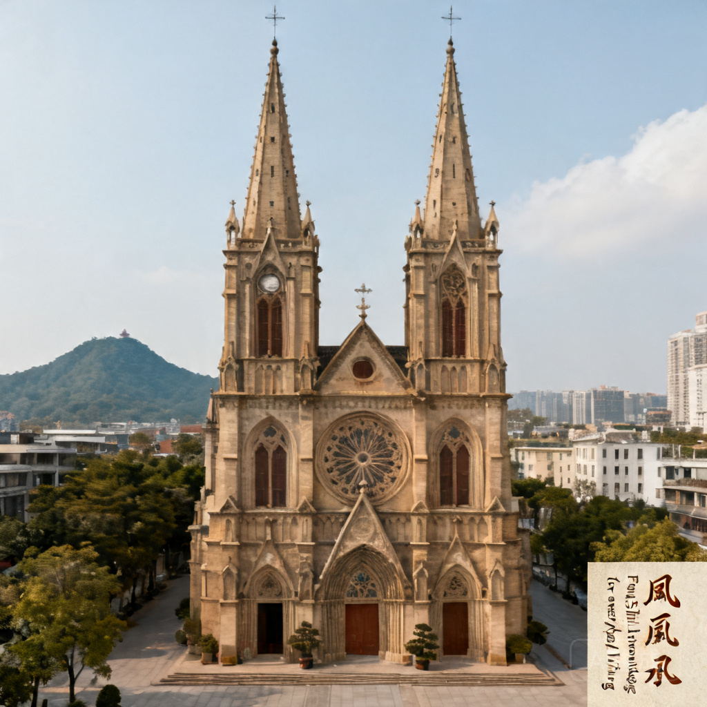 首圖：廣州聖心大教堂外觀全景，遠方北側背景可見越秀山