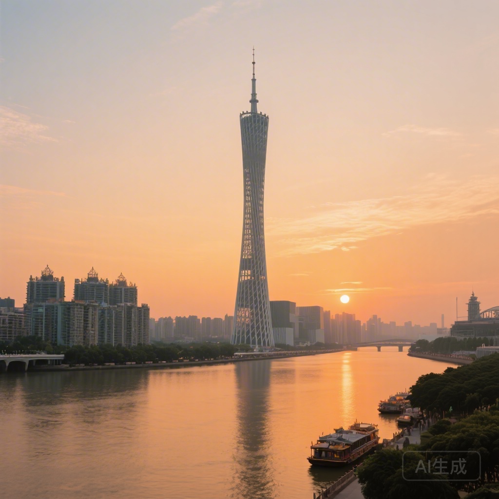 日落時分的廣州塔,前景為珠江,alt=“日落時分俯瞰廣州海珠區珠江的廣州塔風水地標”