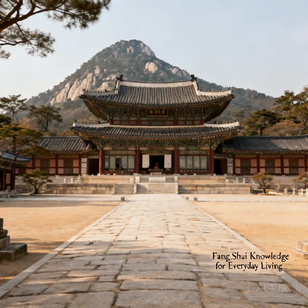 從南側入口眺望昌德宮全景，主殿正後方可見北漢山聳立
