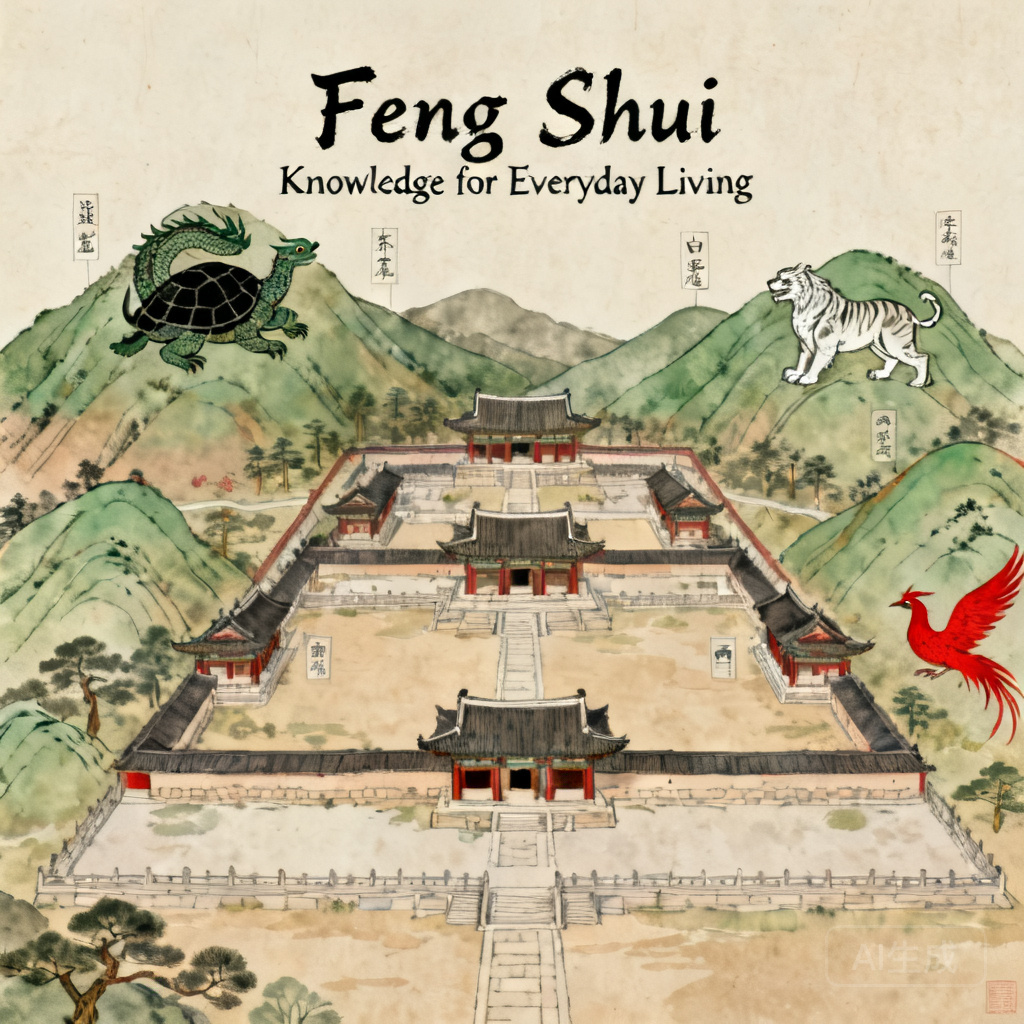 昌德宮空拍標註地圖，標示環繞園區的四神獸地貌（玄武、青龍、白虎、朱雀）
