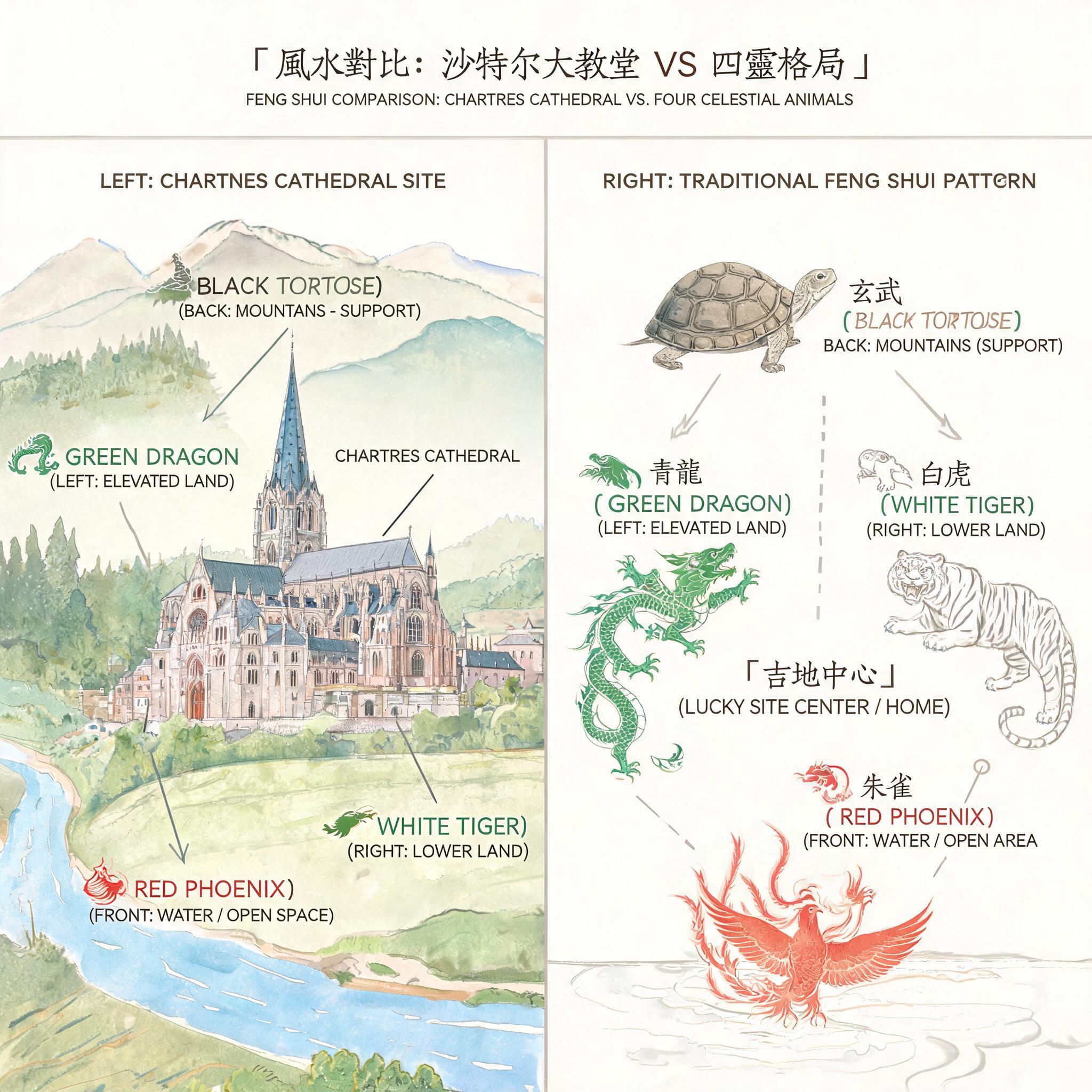 Side-by-side diagram comparing Chartres Cathedral’s site layout to the four celestial animals feng shui pattern