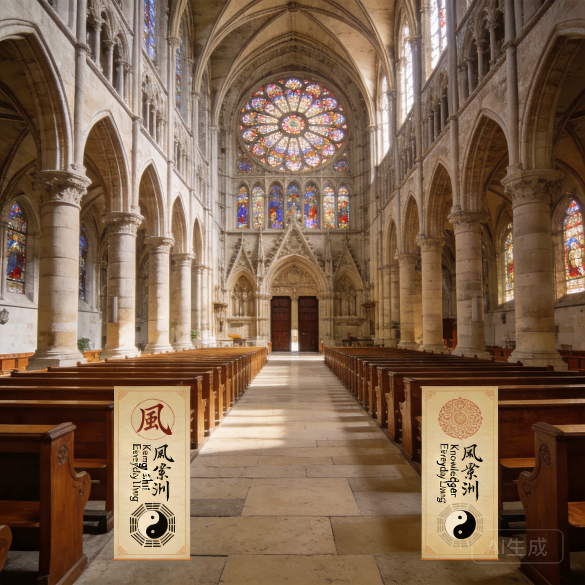 Interior shot of Chartres Cathedral’s nave, looking toward the west entrance and main rose window