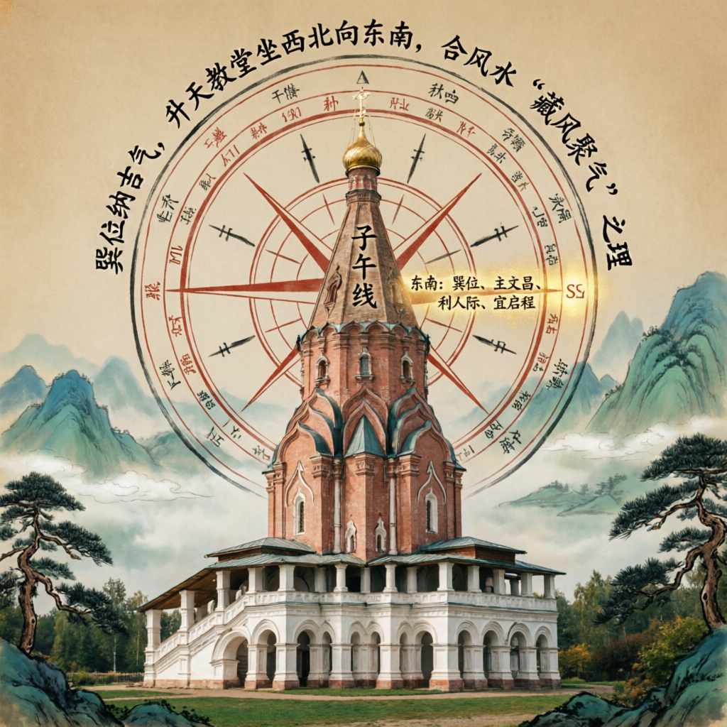 羅盤圖疊加顯示教堂相對於正北的方位｜備註：科洛孟斯克升天教堂方位示意圖