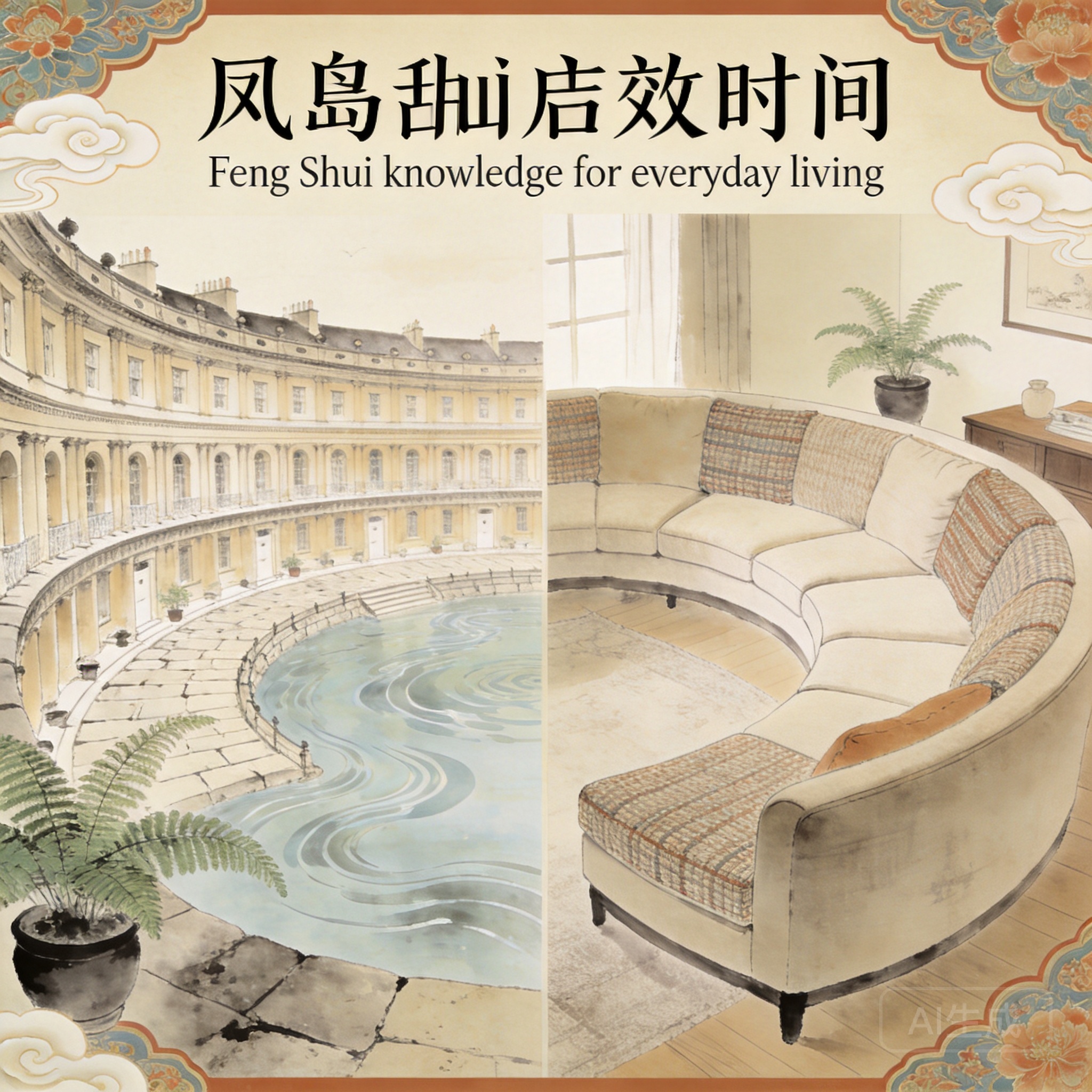 皇家新月樓的弧形配置與擺有類似環抱弧形沙發的居家客廳對比圖