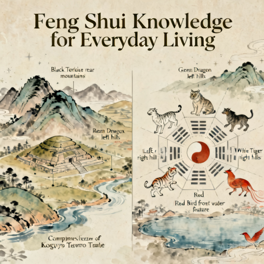 高句麗墓葬群地貌布局與經典四神獸風水格局的對比圖,標註了做為玄武的後山、青龍的左側丘陵、白虎的右側丘陵,以及做為朱雀的前方水域。