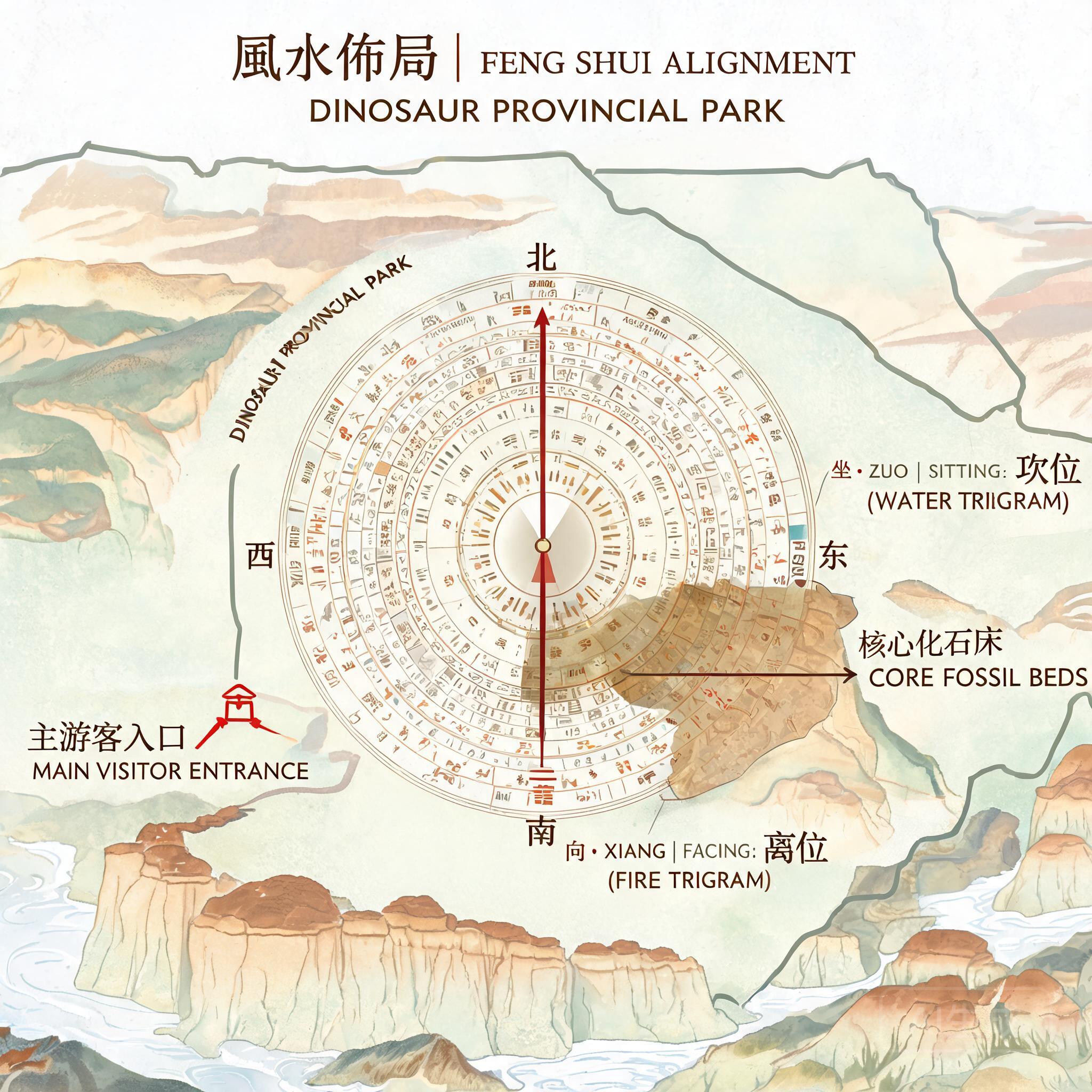 羅盤覆蓋於恐龍省立公園地圖上,標註主要遊客入口方向與核心化石層的座向對應