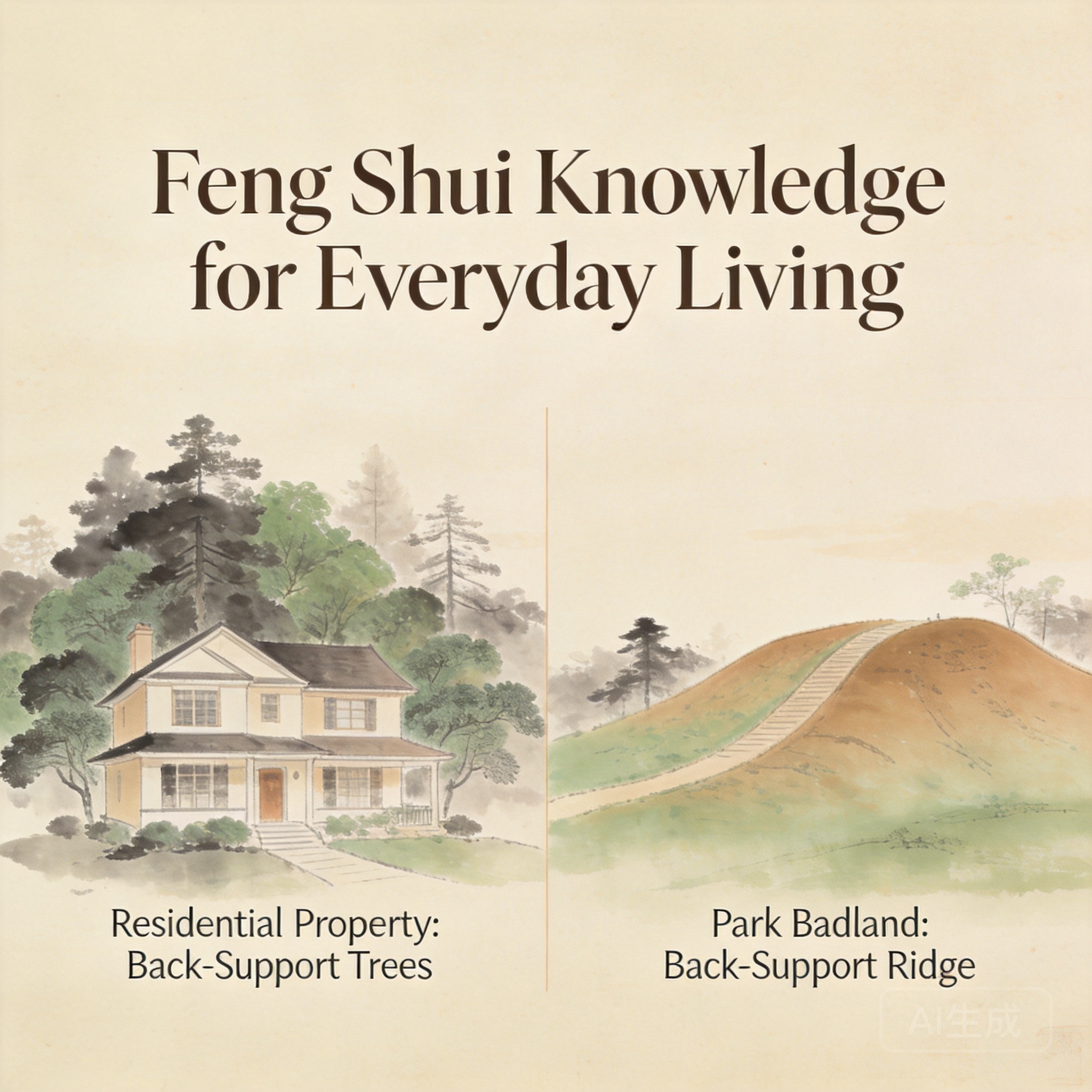 有後靠樹木的住宅與公園惡地後靠山脊的對照圖,說明兩者相通的風水原則