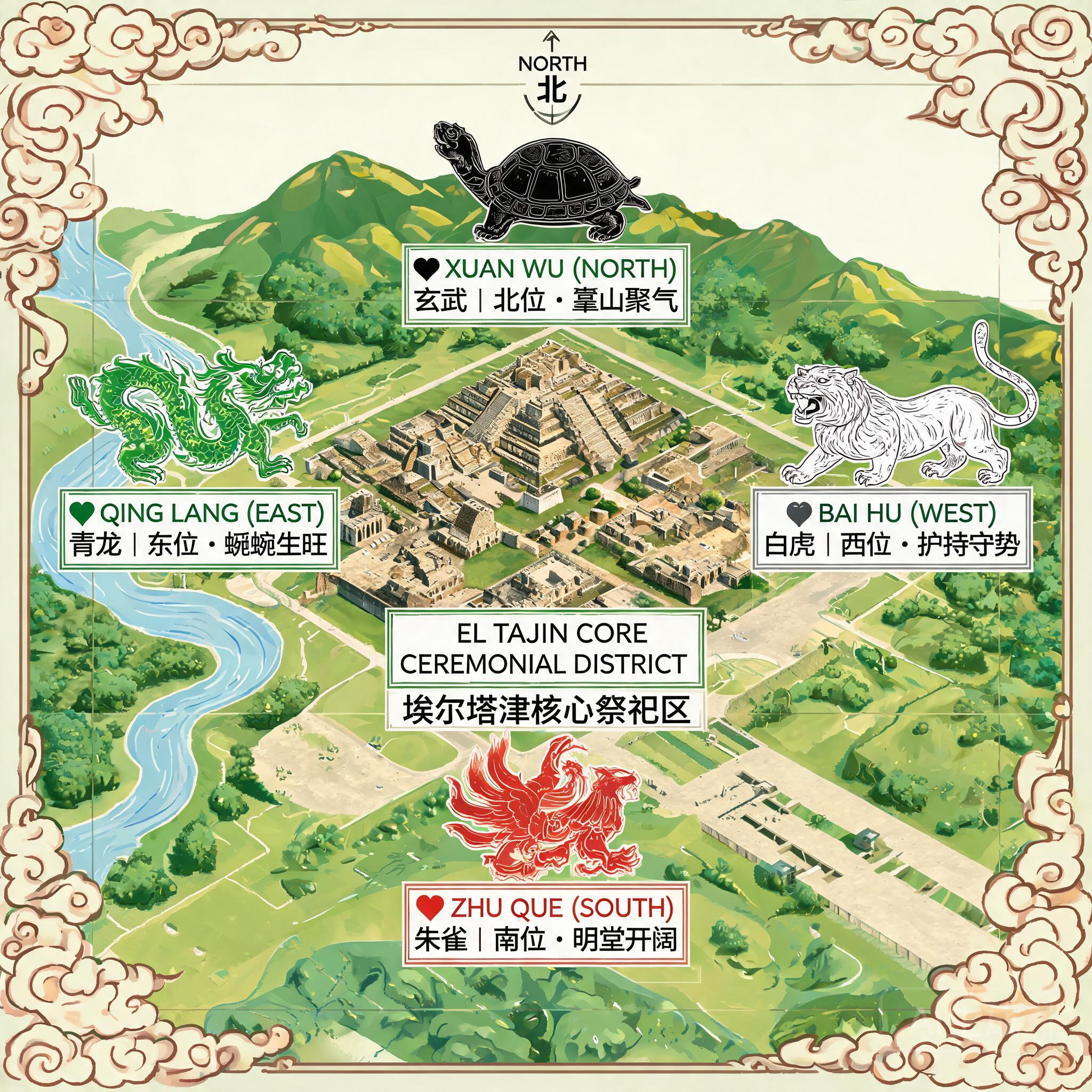 Overhead map of El Tajin’s core ceremonial district, marked with directional labels showing the four celestial animal landform positions relative to the site