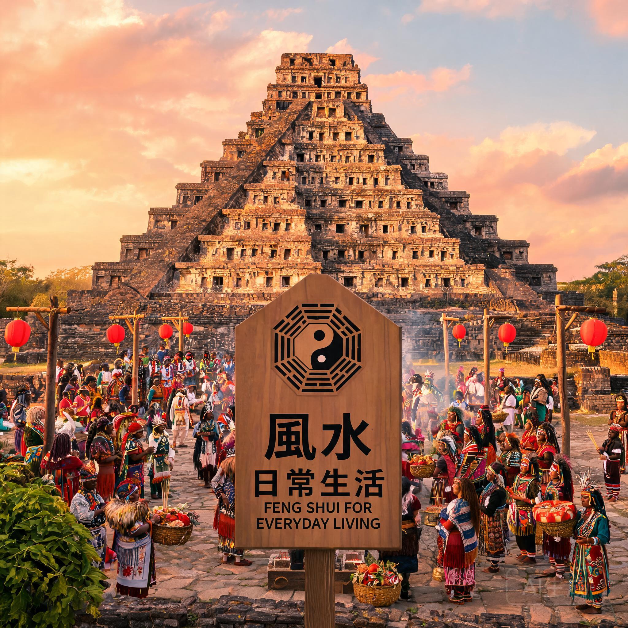 Shot of El Tajin’s central plaza during a modern Totonac solstice ceremony, with participants gathered around the base of the Pyramid of the Niches