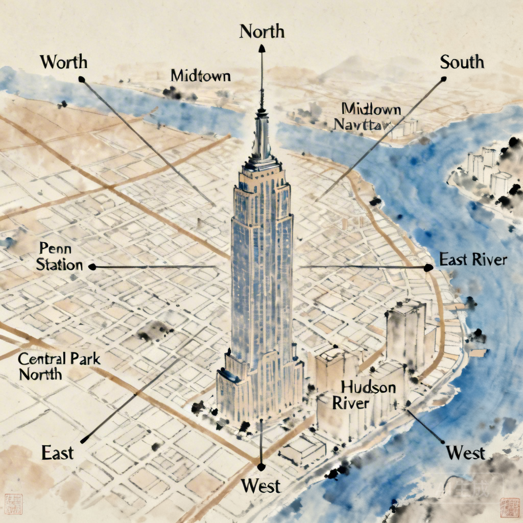 Labeled map of the Empire State Building&rsquo;s Midtown Manhattan location showing cardinal directions, adjacent roads, and key nearby landmarks including Penn Station, Central Park, and the East and Hudson Rivers