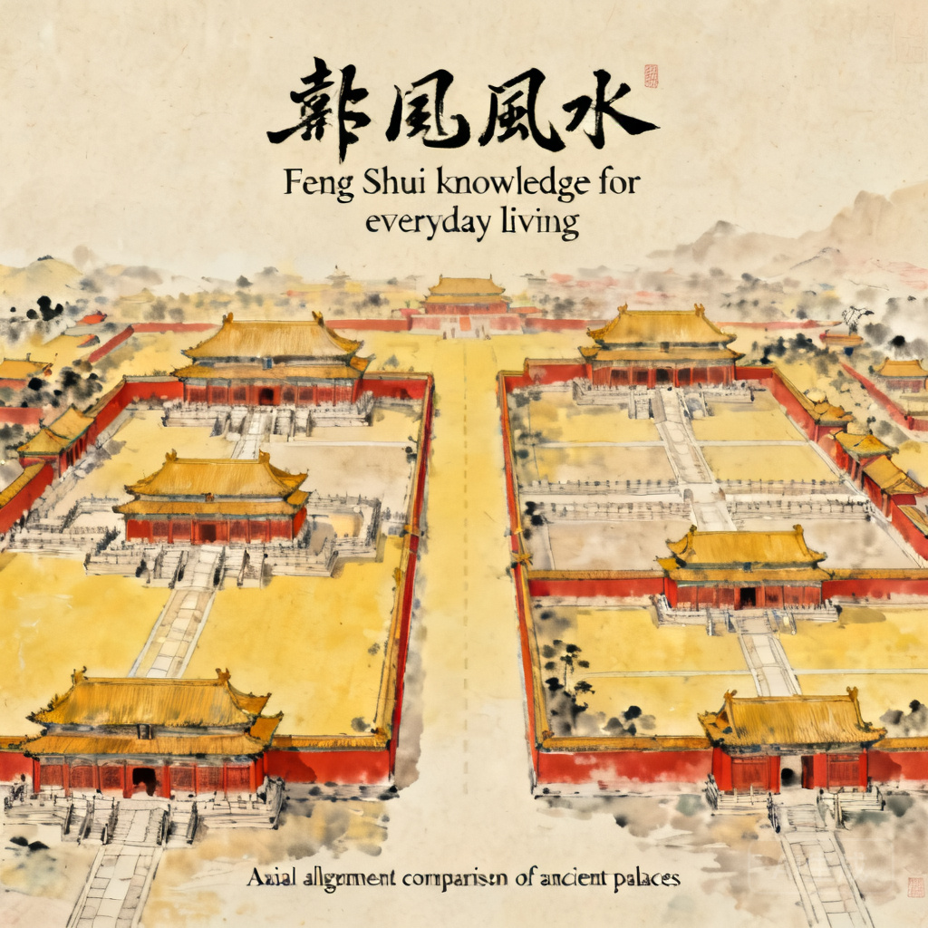 北京與瀋陽故宮空拍對比照，圖上標註了兩者的軸線對齊狀況供比較