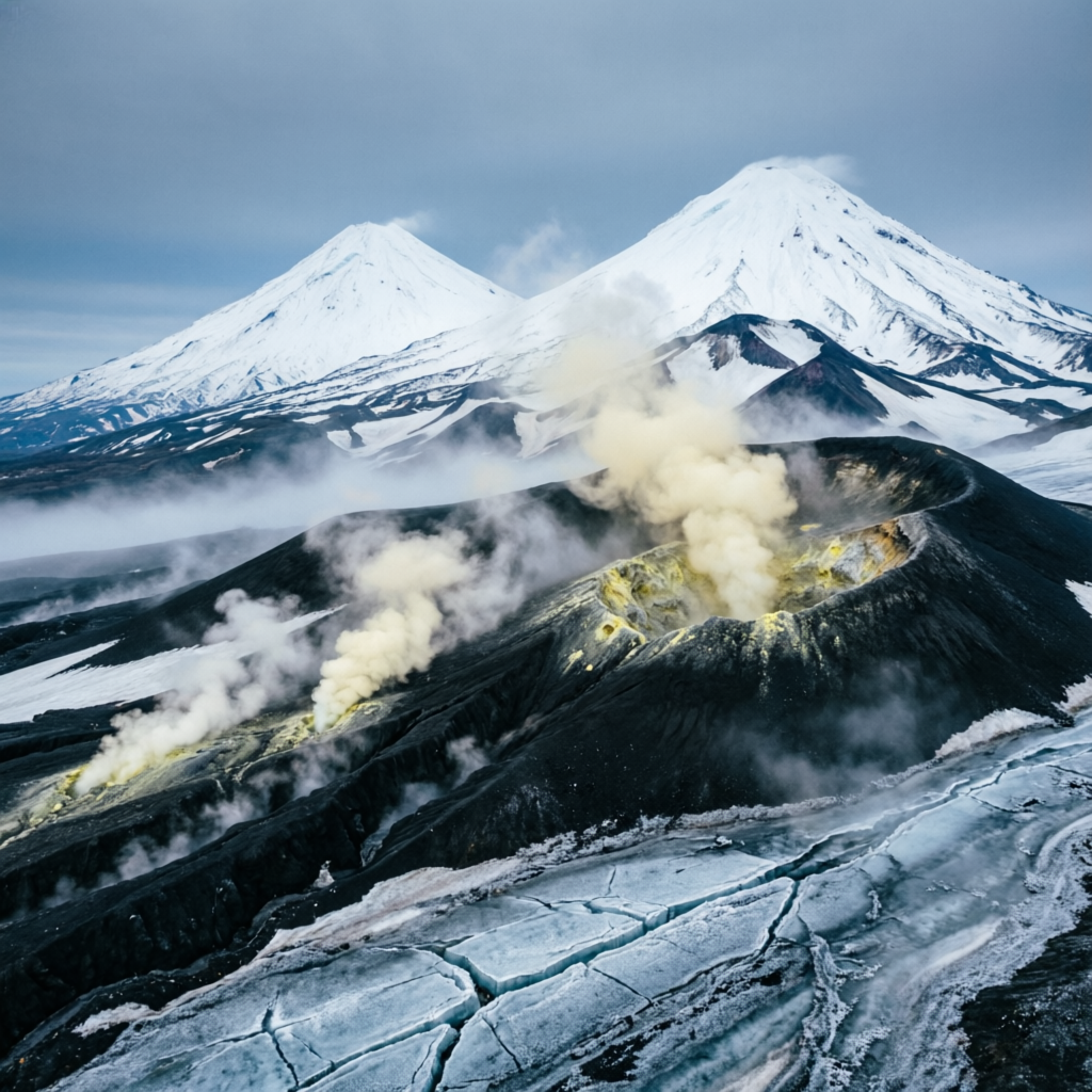 堪察加白雪覆頂的火山峰聳立於冒著蒸氣的噴氣孔上方之空拍圖
