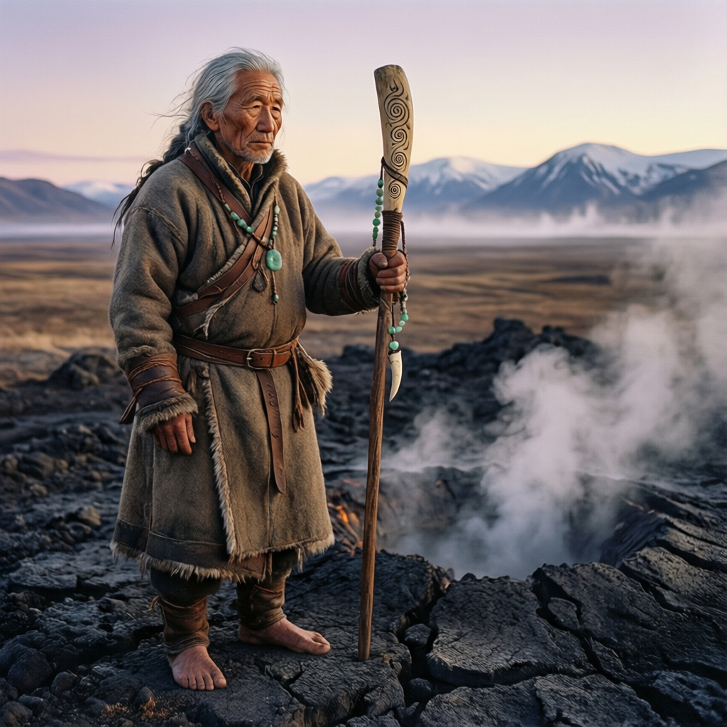 Traditional Koryak elder near a volcanic vent, holding a ceremonial object