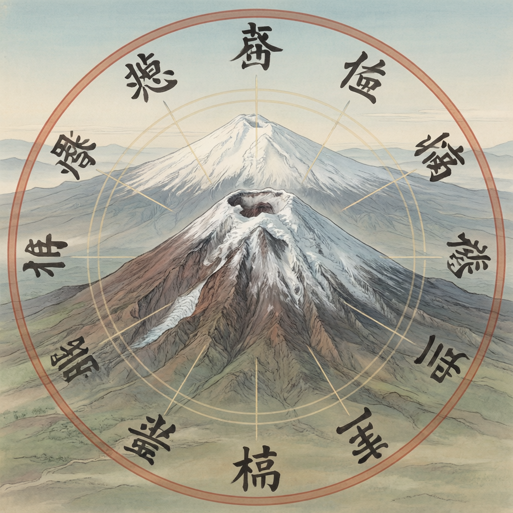 Diagram showing Klyuchevskaya Sopka’s orientation relative to compass directions and Bagua sectors