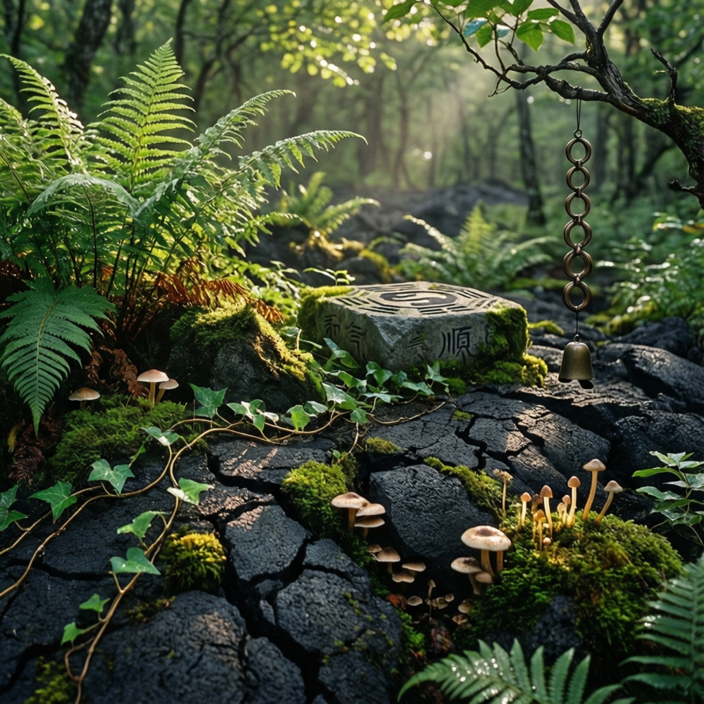 Close-up of lush green forest growing on fresh lava fields in Kamchatka