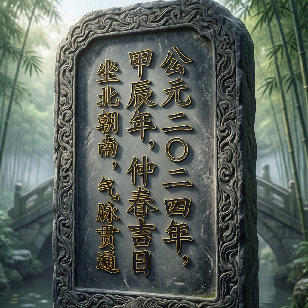 刻有建築日期與方向朝向的石碑近照