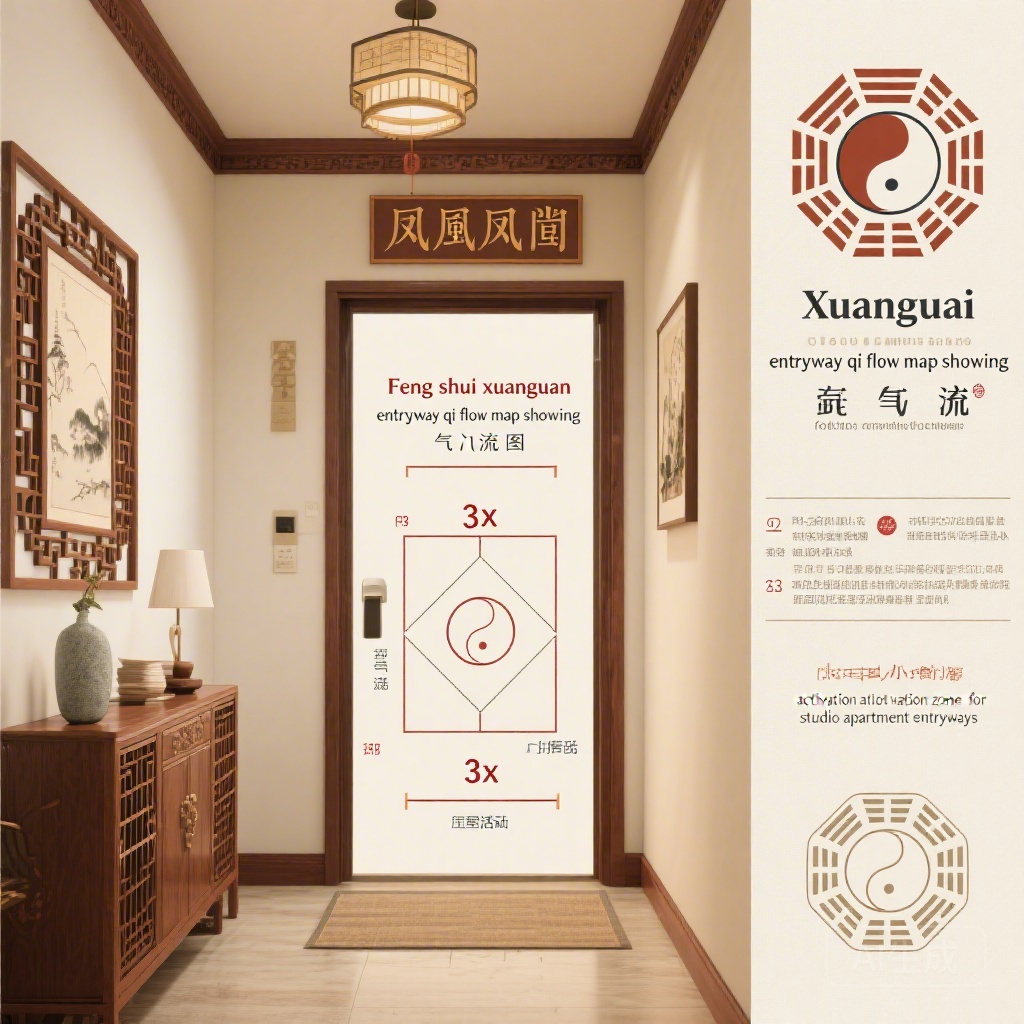 Infographic: Xuanguan entryway qi flow map for studio and small apartment layouts, alt text: &ldquo;Feng shui xuanguan entryway qi flow map showing 3x3 foot activation zone for studio apartment entryways&rdquo;