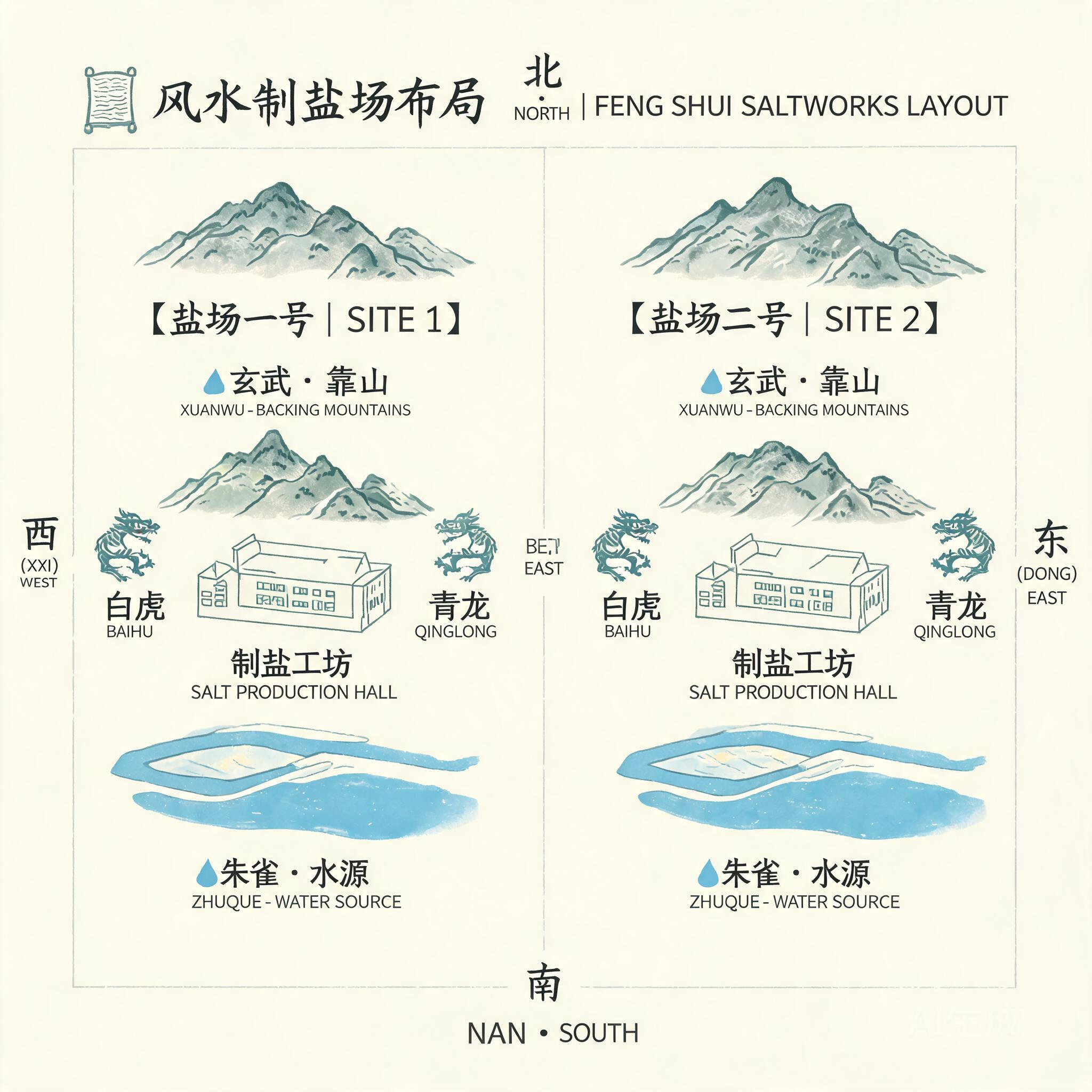 Overhead diagram of both saltworks sites marked with feng shui directional sectors, highlighting water sources, mountain backing, and production hall alignment