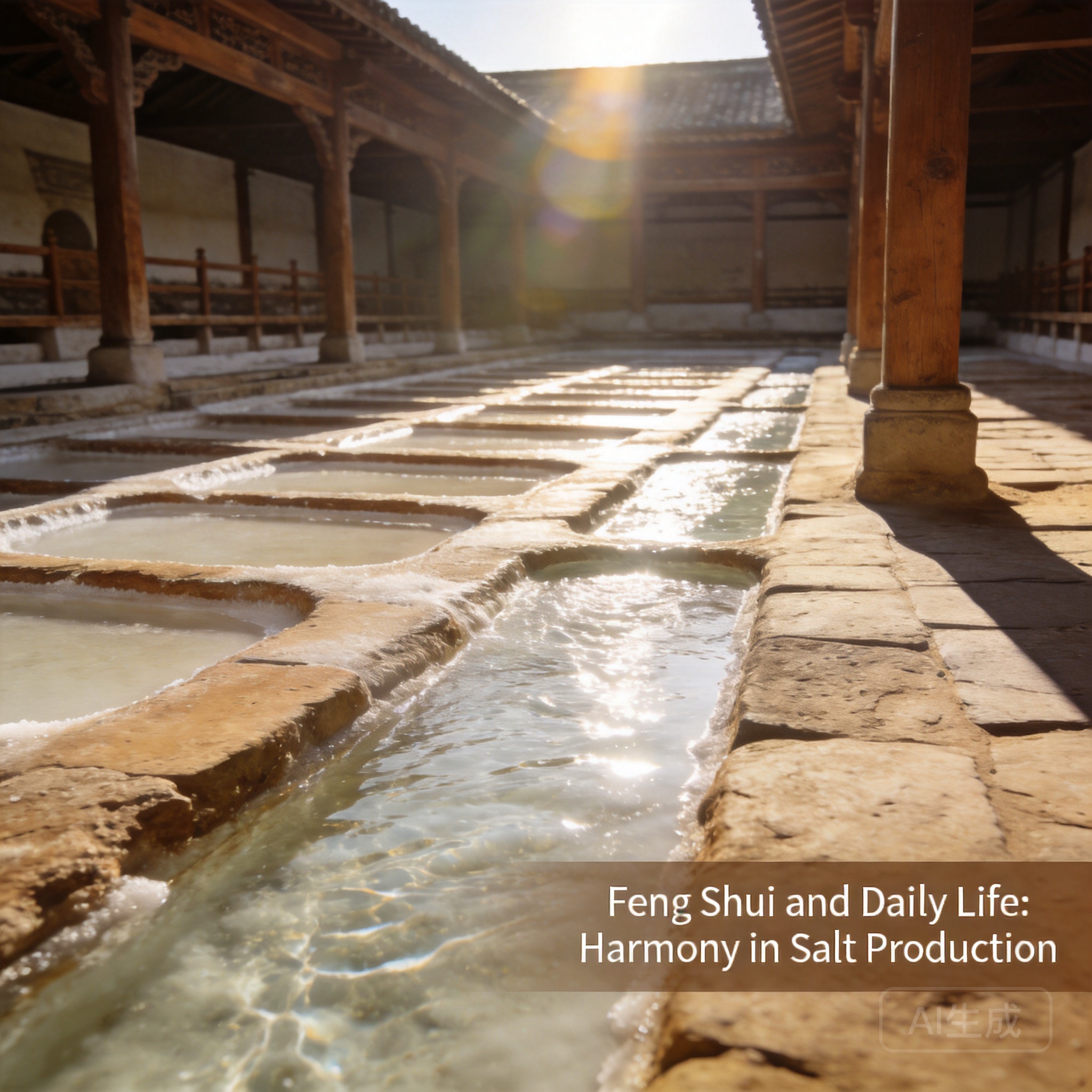 Close-up shot of preserved open-pan salt production halls at Arc-et-Senans, showing unobstructed sun exposure and brine channel layout