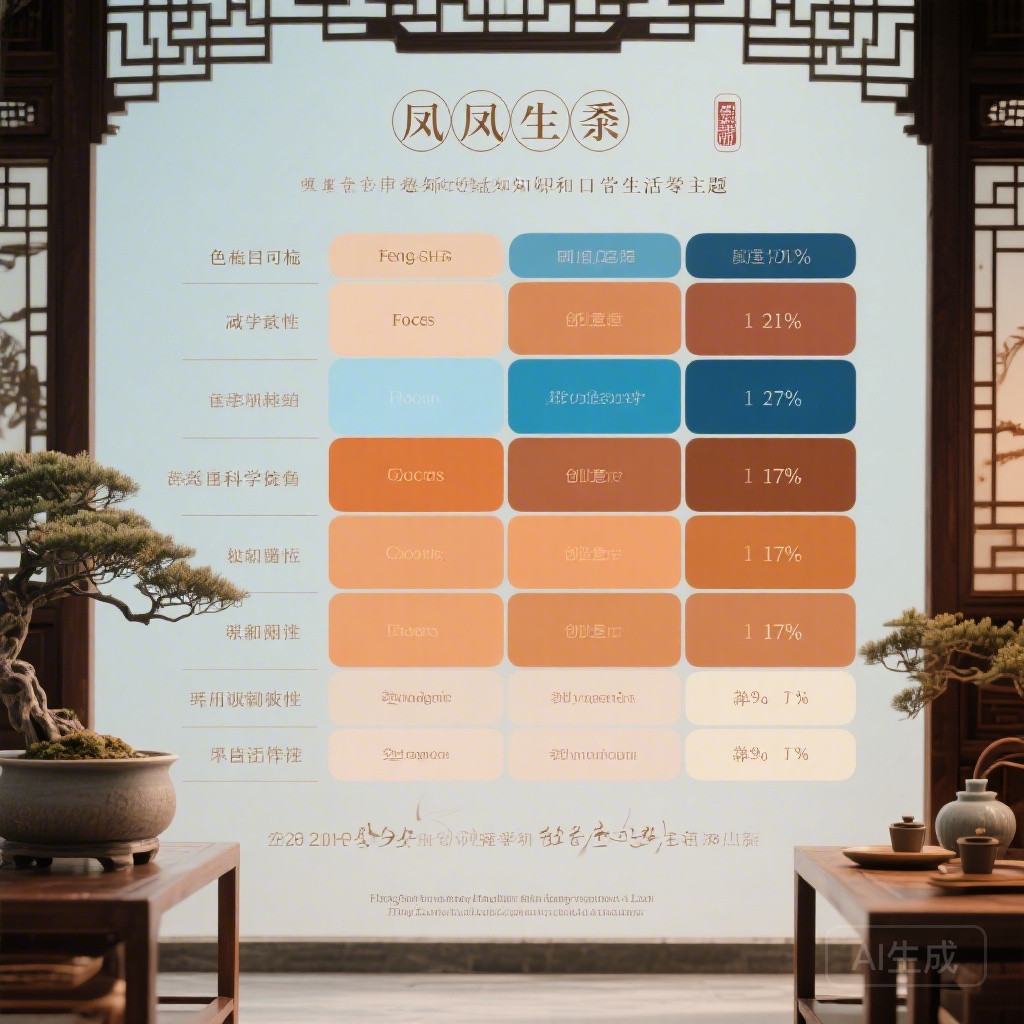 依據目標（專注力、創意、財運）分類的風水調色盤對照表，包含經科學驗證的認知益處，例如根據2022年色彩心理學研究實驗室數據，柔和藍色可降低21%的注意力分散，暖陶土色則能提升17%的創意問題解決能力
