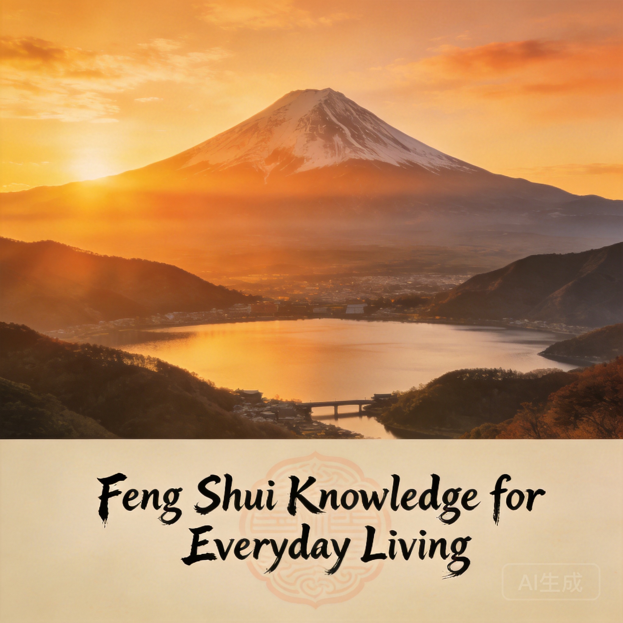 日出時富士山的寬闊全景，前景是河口湖，周圍有低矮山脈環繞