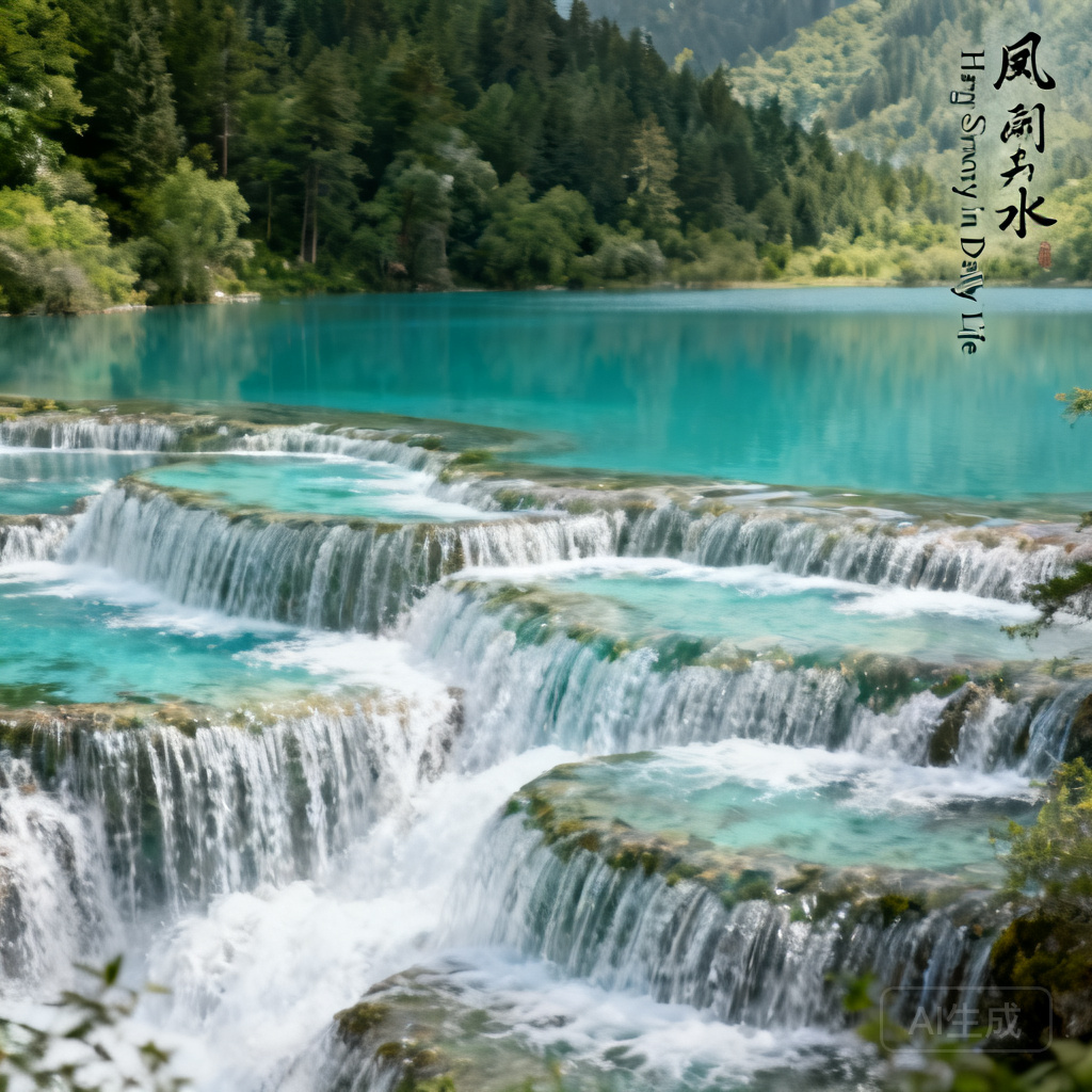 九寨溝諾日朗瀑布近拍，可見緩慢流動的層疊瀑布在被森林環抱的碧藍湖盆之間流動