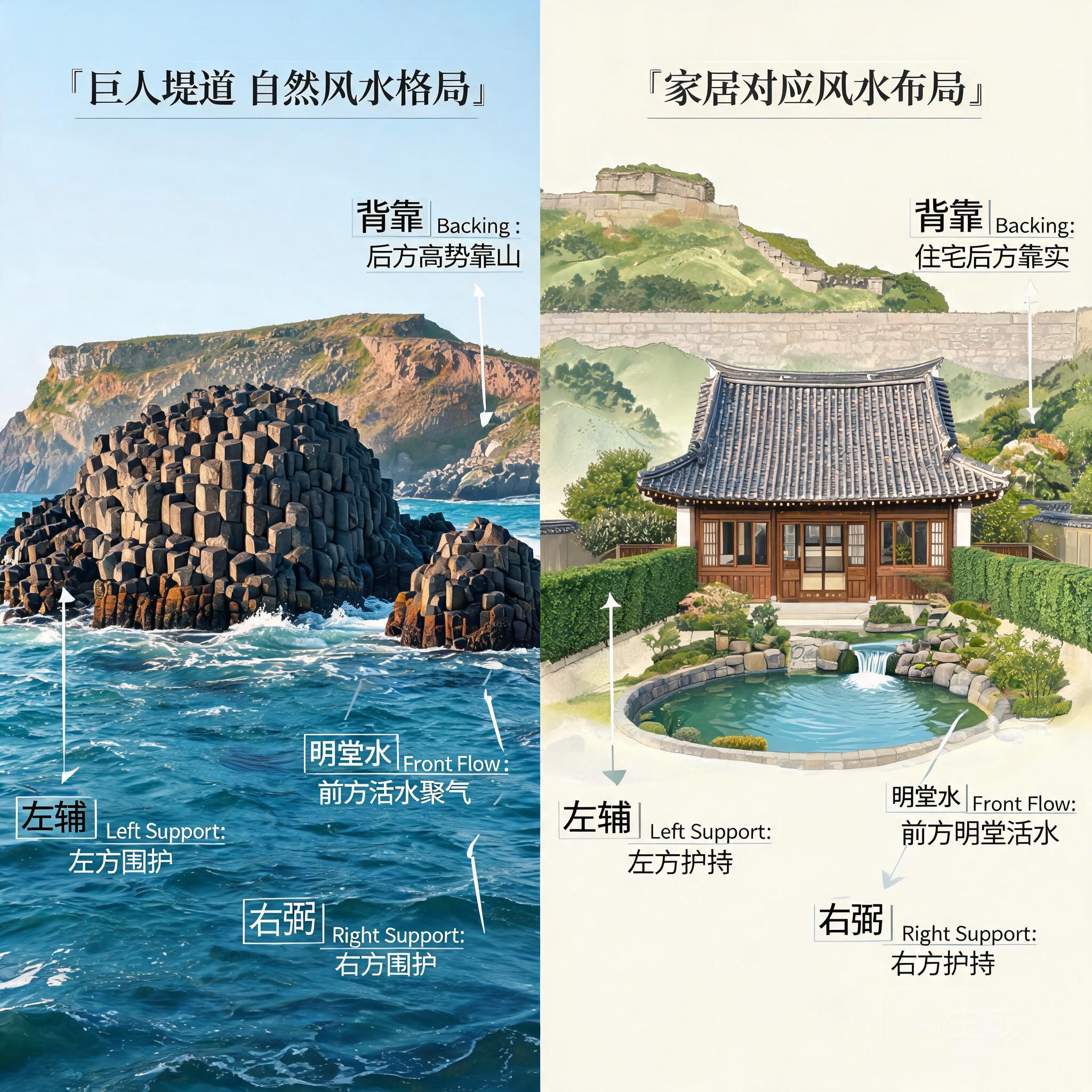 Side-by-side diagram of the Giant&rsquo;s Causeway landform pattern and a typical home layout with matching backing, side support, and front flow features