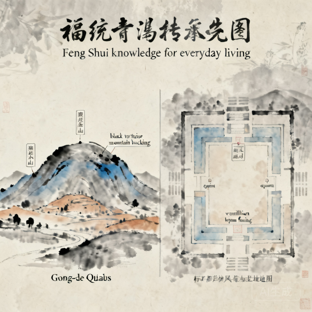 卡布斯拱北塔地貌配置與標準形法派風水場地圖的對比圖，標註了作為玄武靠山的山脈與開闊的朱雀朝向