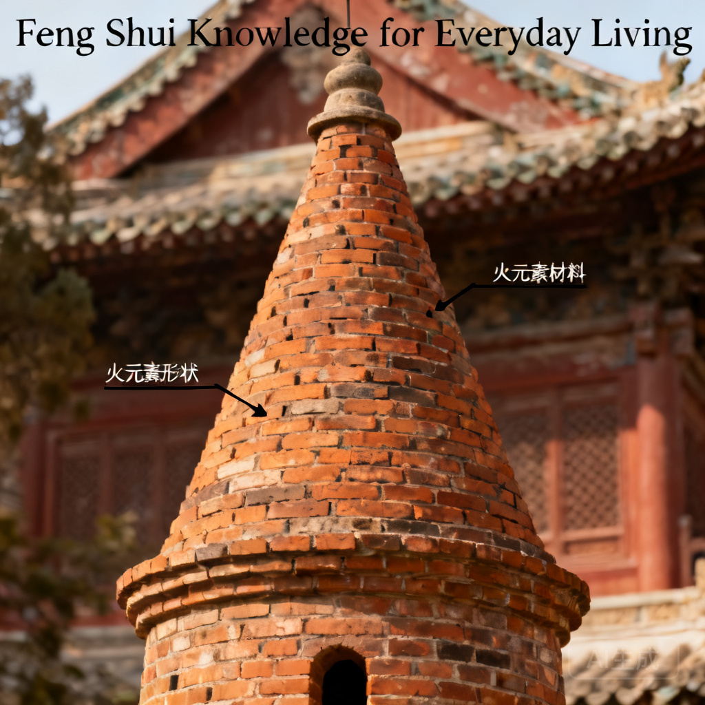 圓錐狀磚造外觀的特寫照，標註說明火元素造型與土元素建材
