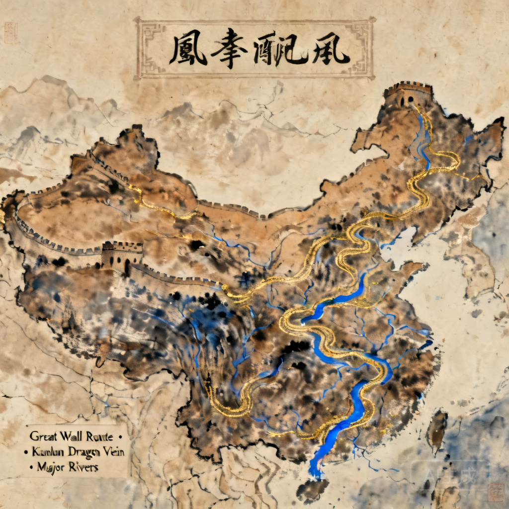 長城橫跨中國北方的路線全圖，標註崑崙山龍脈系統與主要河川支流