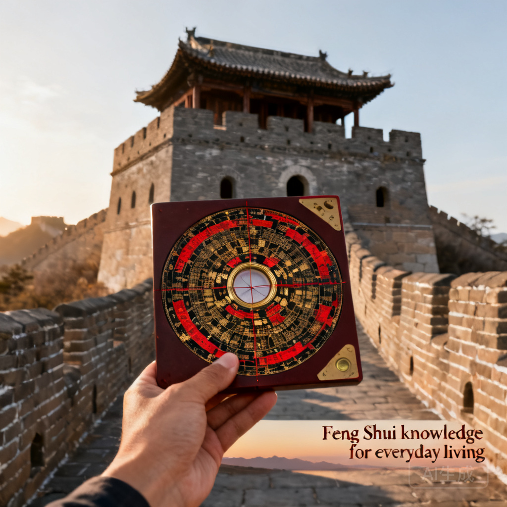 羅盤對準慕田峪的明代長城烽火台，顯示其對位於吉祥的壬（北北東）方位