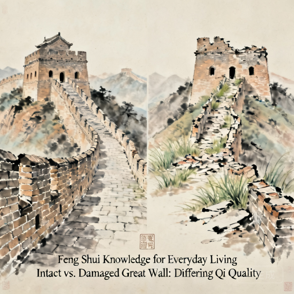 完整沿山脊興建的八達嶺長城段，與甘肅省受損的平地長城段對照圖，說明兩者不同的氣場品質