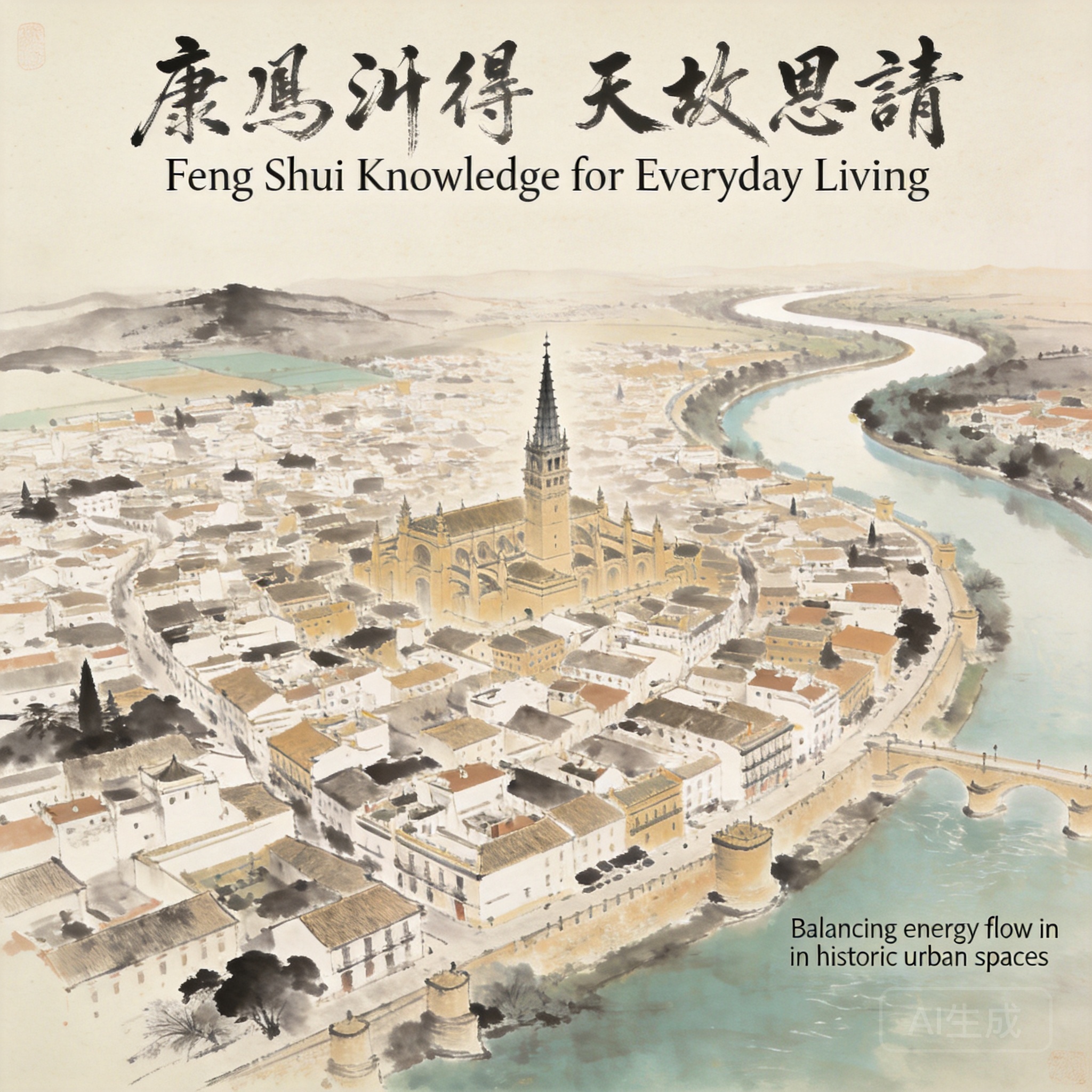 面積4平方公里的哥多華歷史中心保護區空拍全景，可見瓜達爾基維爾河沿南側蜿蜒流過，核心區域的梅斯基塔主教座堂尖塔清晰可見